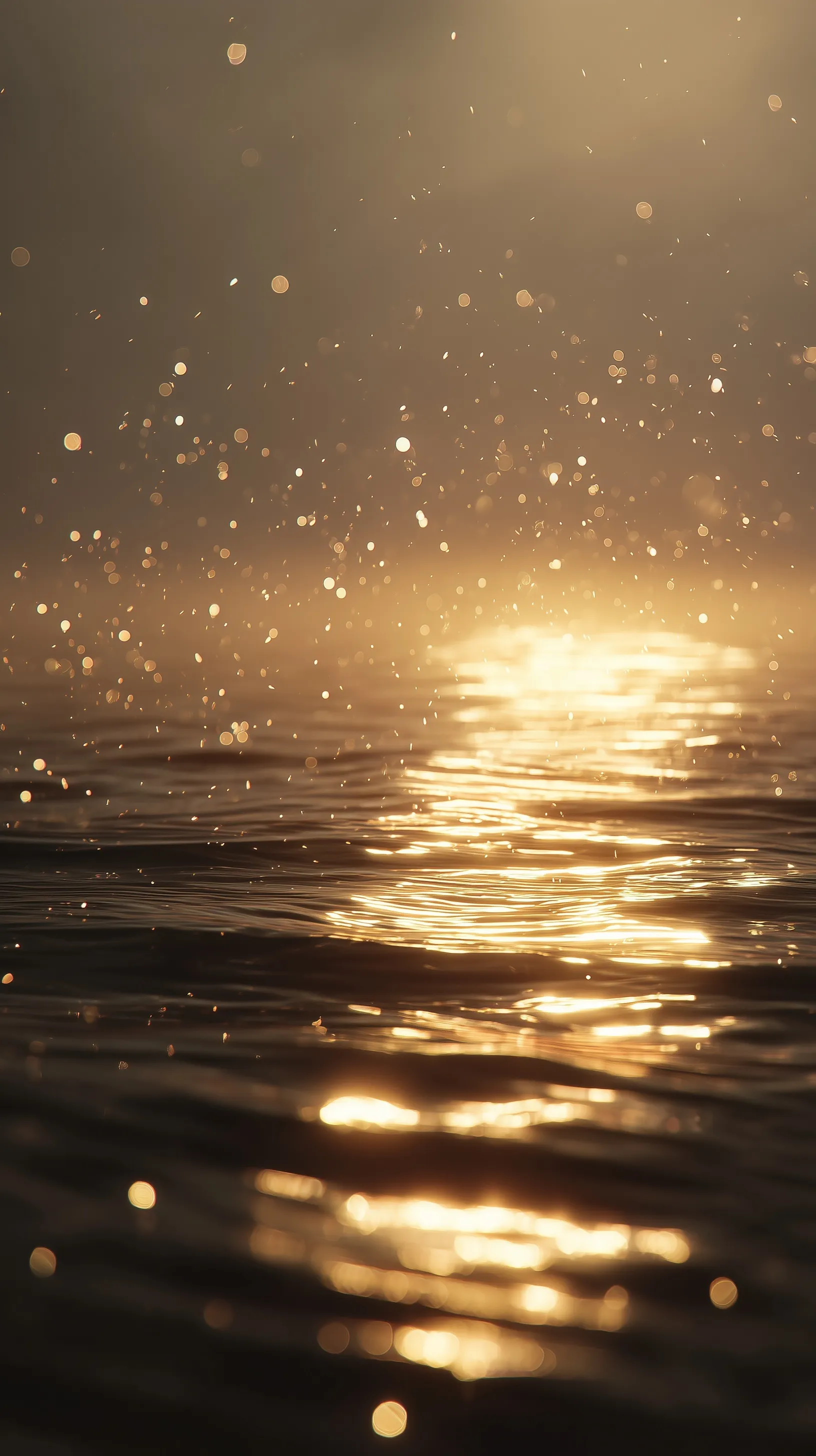 Golden hour ocean waves with cinematic sunlight reflections, soft lens flare, and floating dust particles.