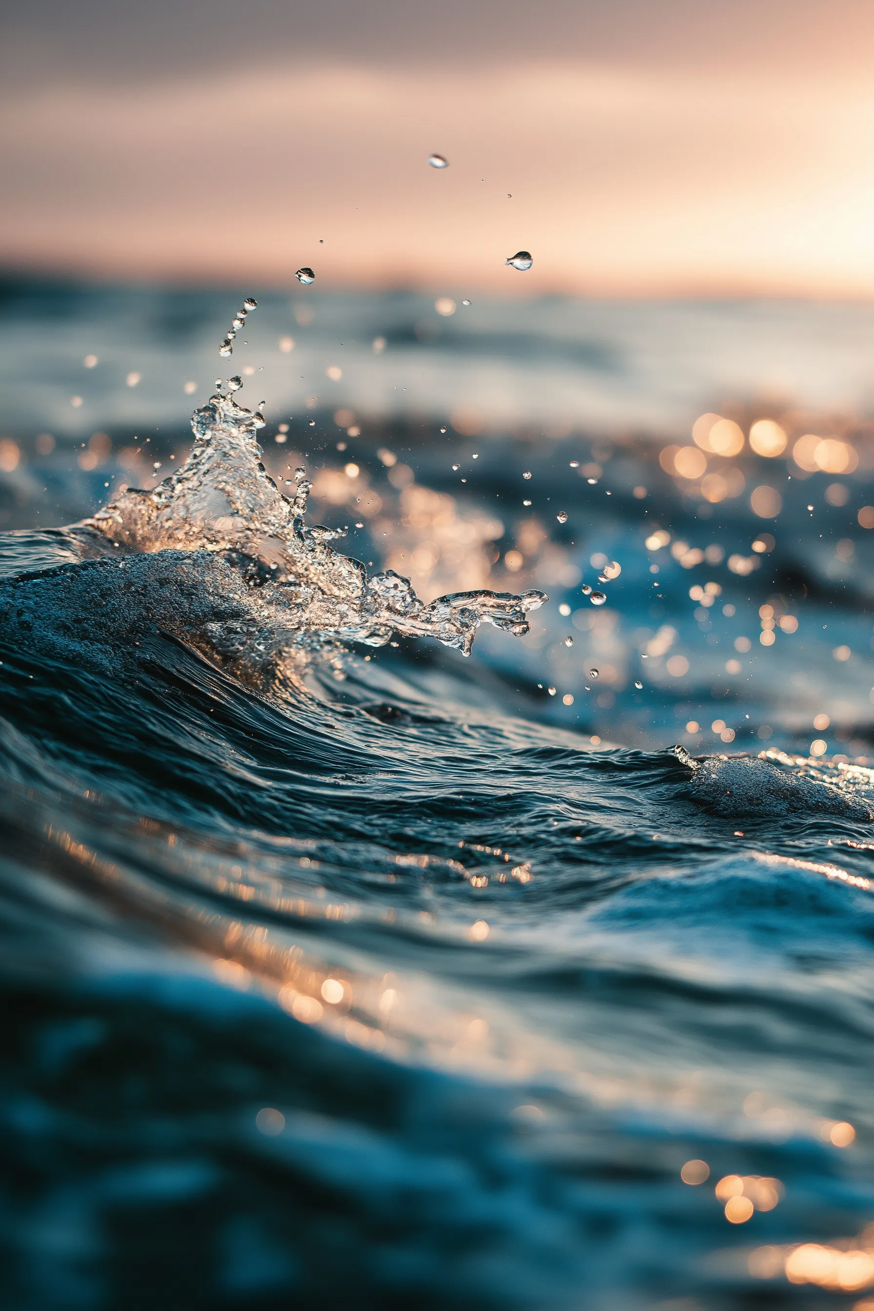 Close-up of gentle ocean waves and water ripples glistening under the warm, golden hour sunlight.