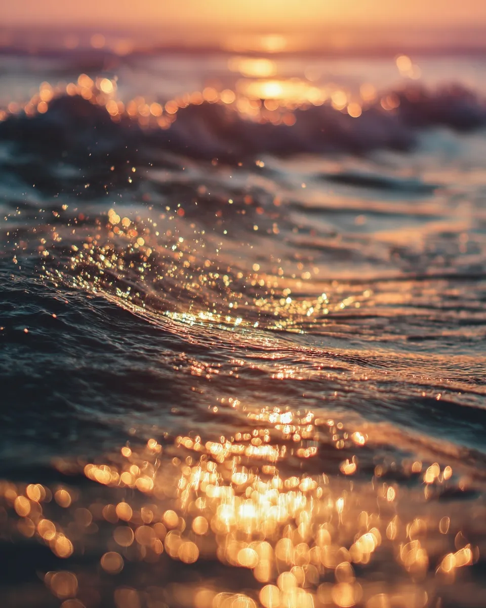 Golden hour sunset over the ocean with shimmering light reflections, soft bokeh, and warm ethereal pastel colors.