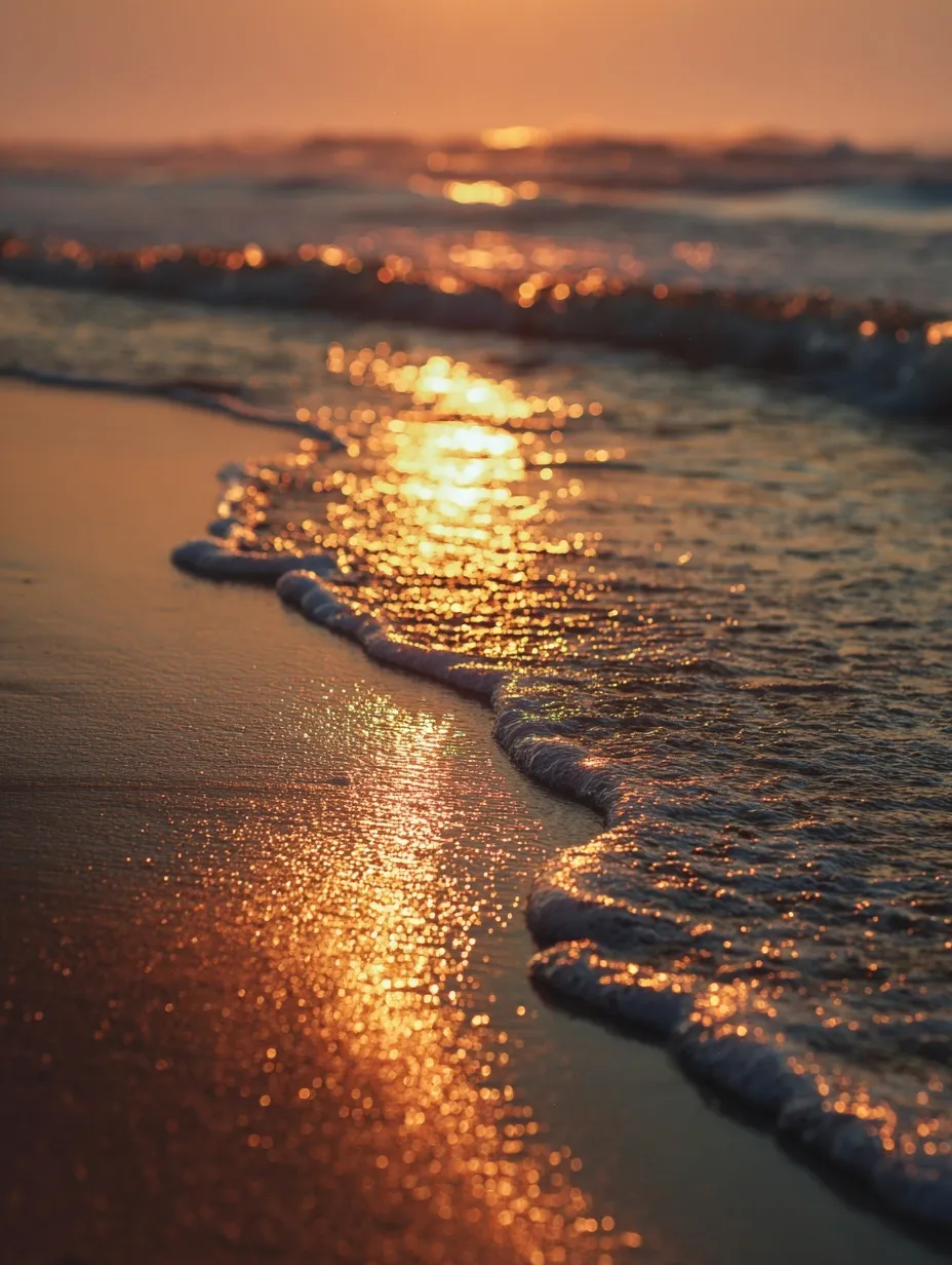 Golden and pink sunset over a tranquil ocean beach with shimmering light reflecting on wet sand and rolling waves.