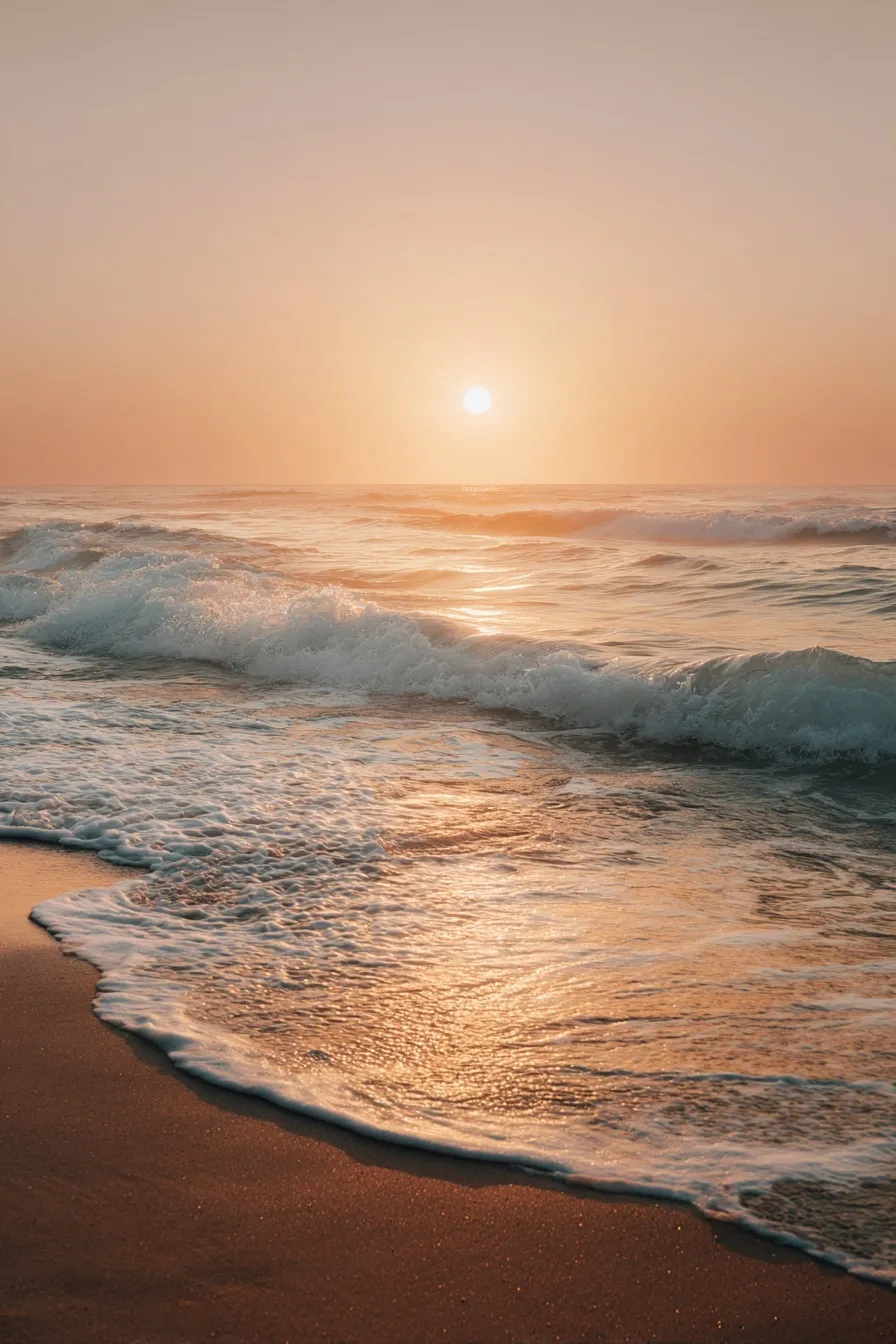Serene golden hour beach at sunset with calm ocean waves and soft pastel sky in a minimalist fine art style.