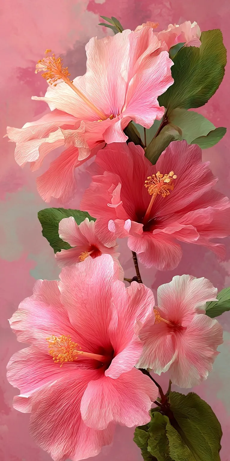 Watercolor pink hibiscus flower mobile wallpaper with green leaves and soft hazy floral illustration.