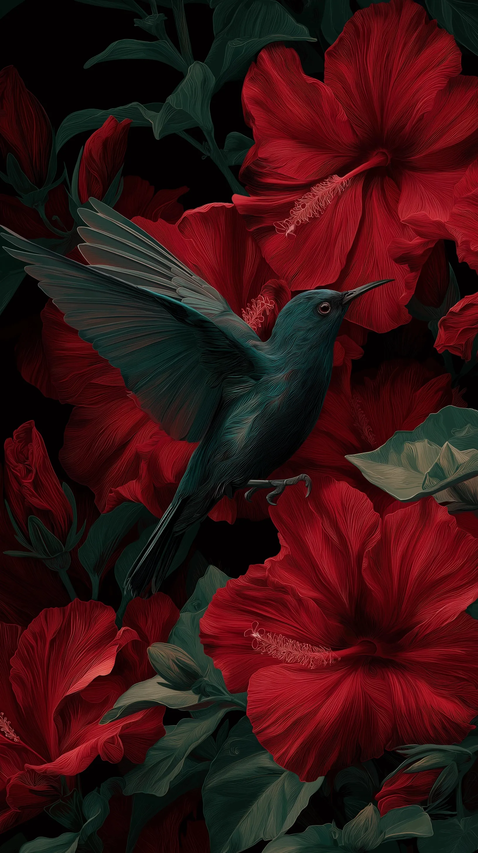 A sophisticated bird perched on delicate hibiscus flowers, captured in a luxurious, professional product style.