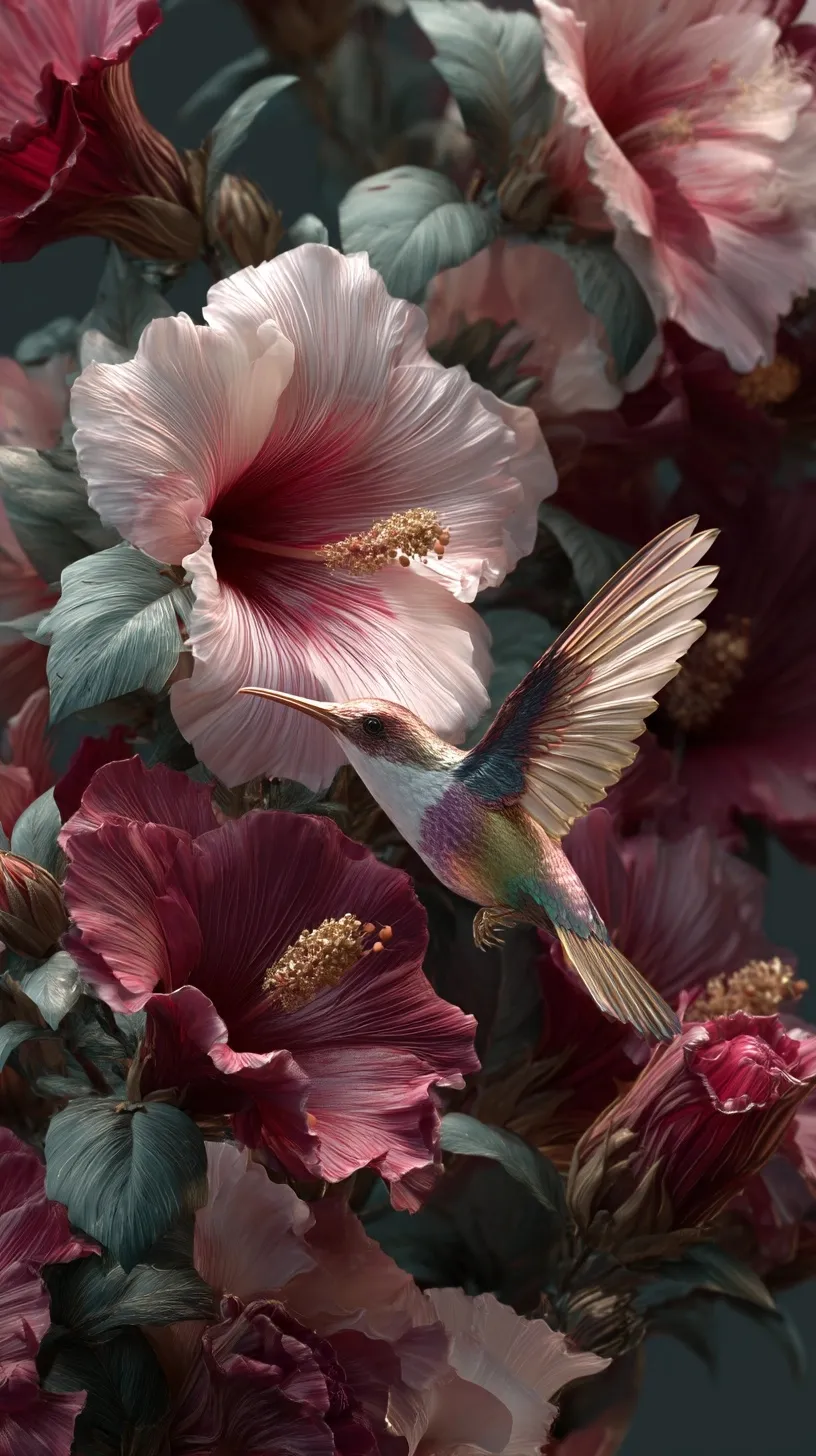 A bird landing on delicate hibiscus flowers, captured in a sophisticated and luxurious professional photography style.