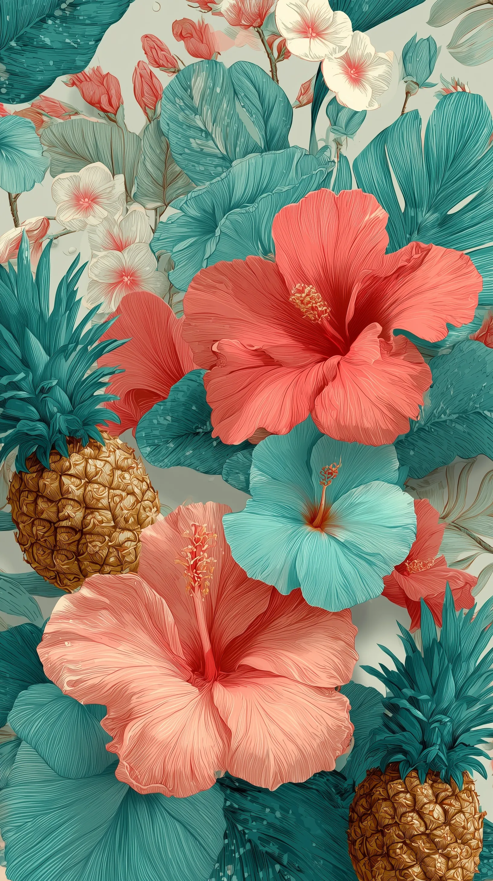 A seamless tropical pattern with hibiscus flowers, pineapples, and palm leaves in a flat, modern summer design.