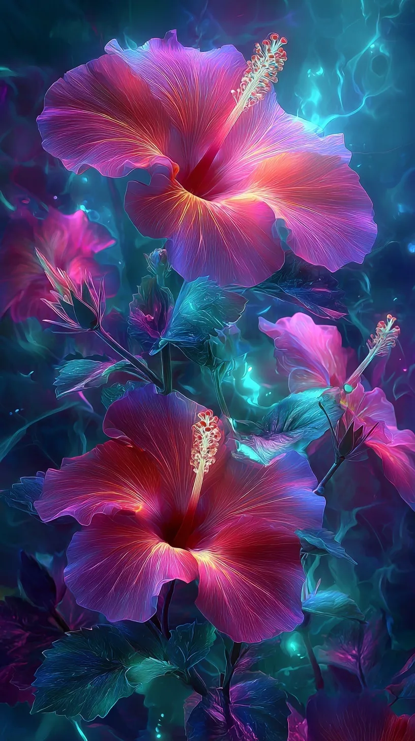 Glowing neon hibiscus flower with ethereal smoke effects for a vibrant fantasy mobile wallpaper background.