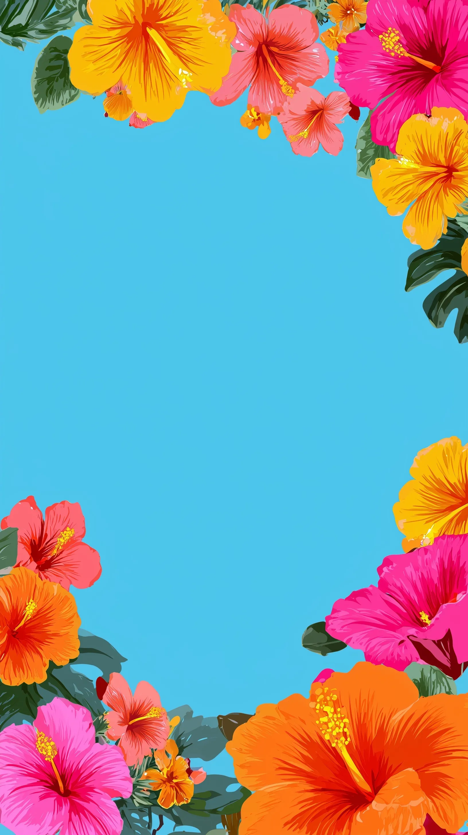 Colorful cartoon tropical hibiscus flowers in corners on a bright blue mobile wallpaper background.