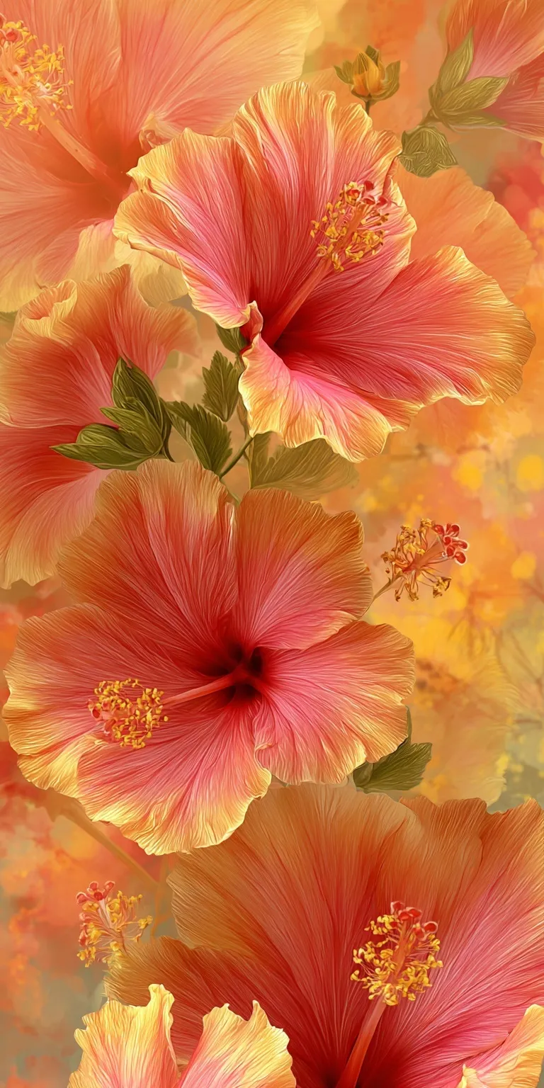 A vibrant hibiscus flower mobile wallpaper featuring a warm Hawaii sunset background with passionate tropical tones.