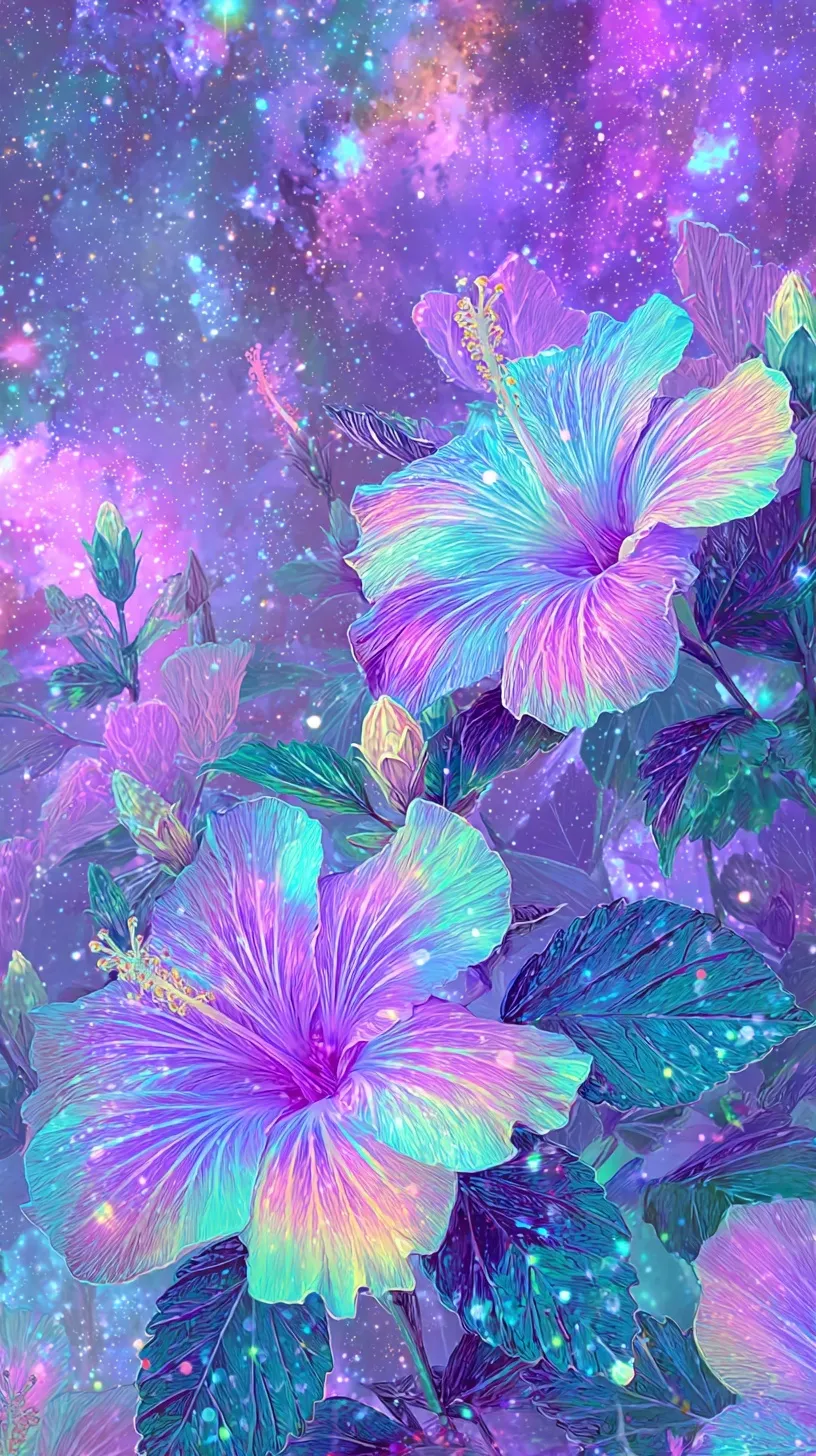 Vibrant hibiscus flower mobile wallpaper with glowing dew drops and cosmic nebula background in surreal style.