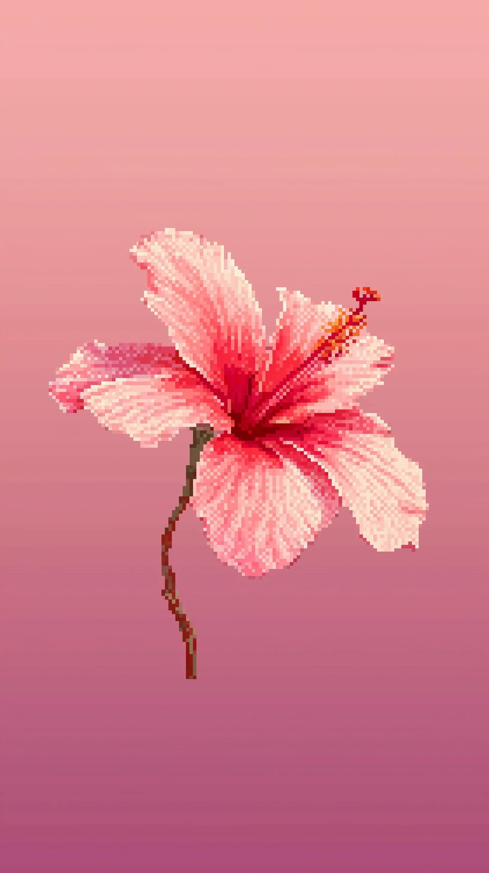 Pixel art of a soft pink hibiscus flower with delicate petals centered on a minimal pink and white gradient.
