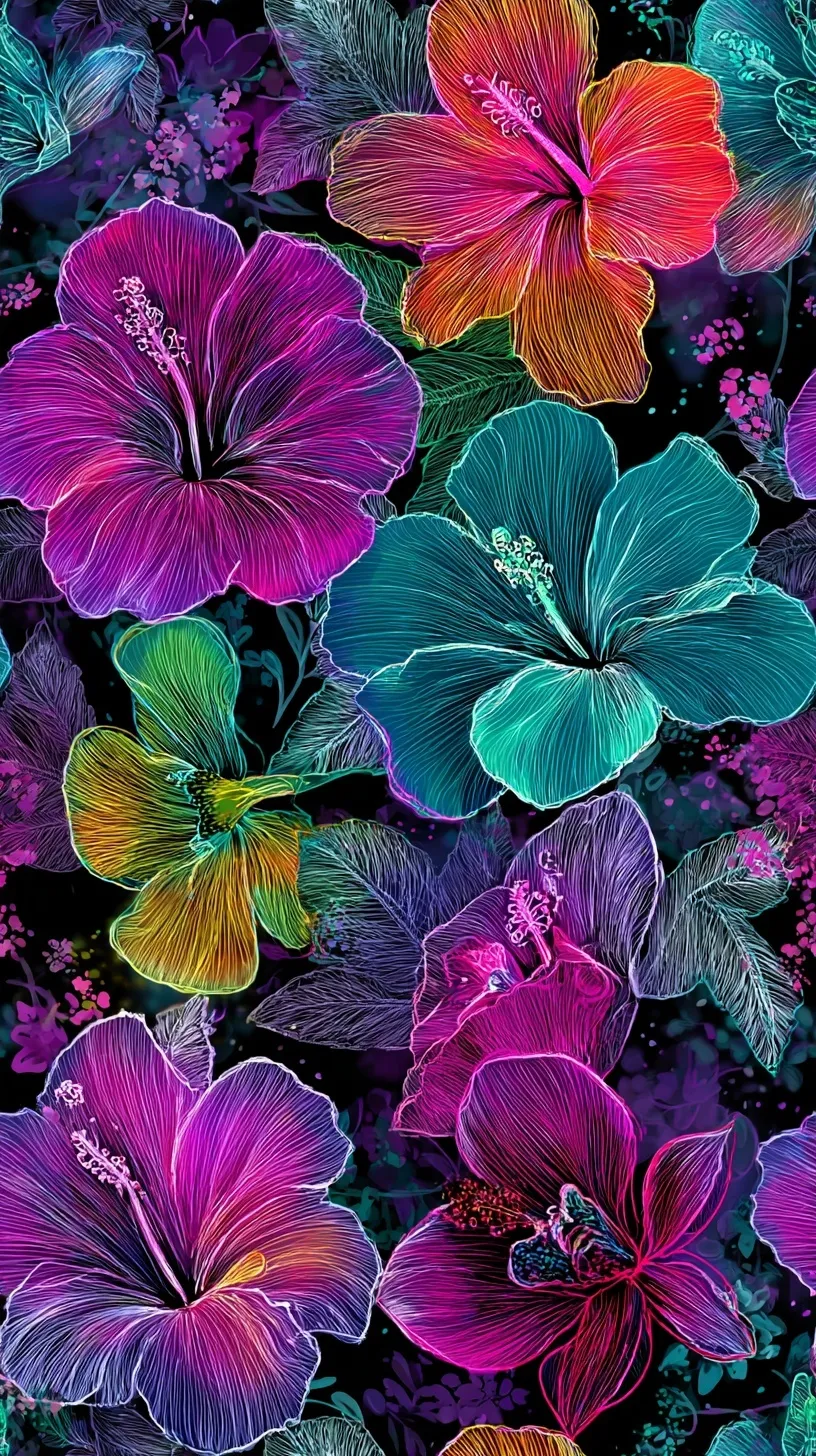 Seamless pattern of neon glowing hibiscus and tropical flowers in electric colors on a black background.