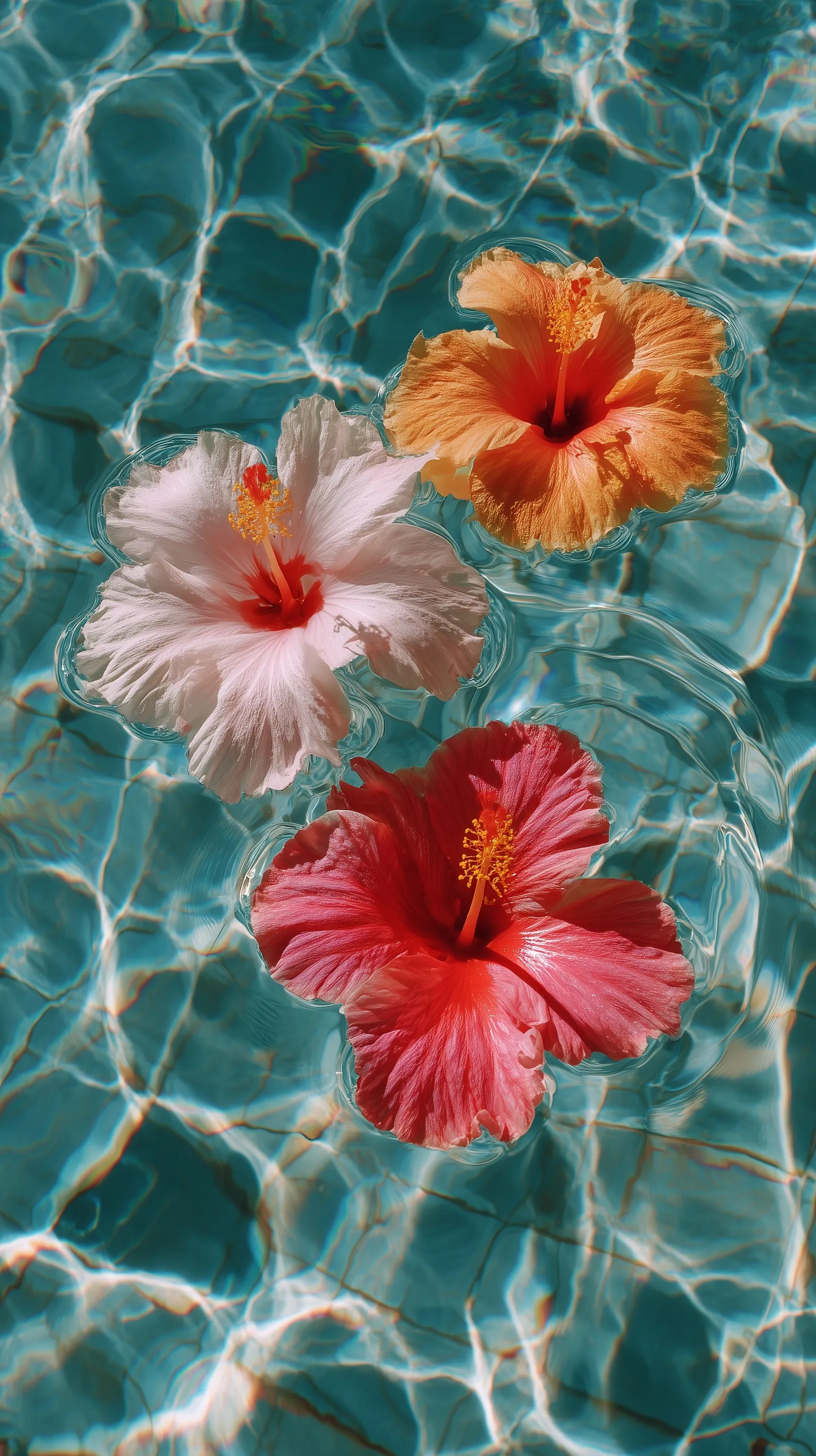 Three vibrant hibiscus flowers floating on shimmering blue pool water with wavy tile patterns.