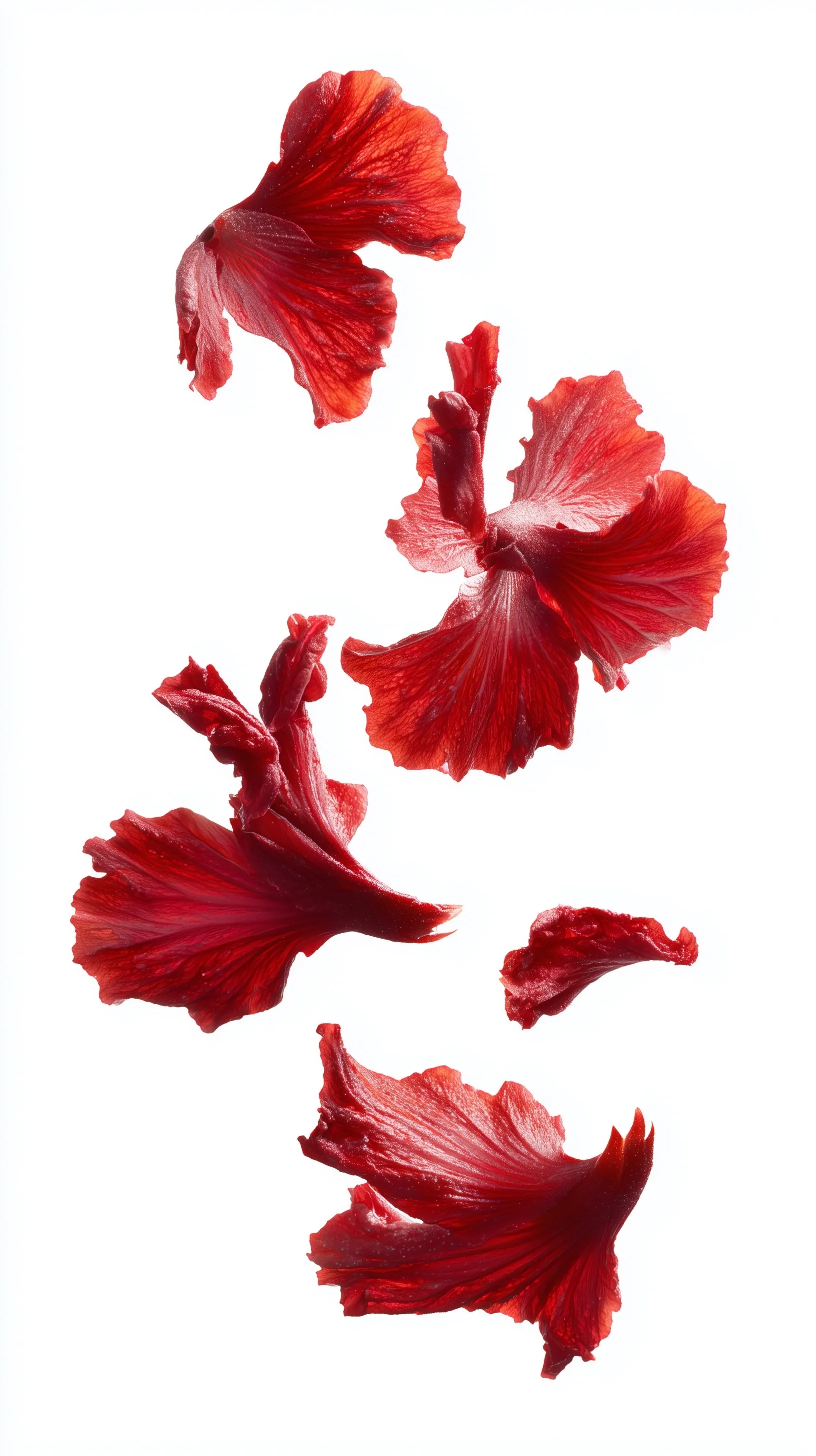 Edible red hibiscus flowers floating freely against a clean white background, professional food photography style.
