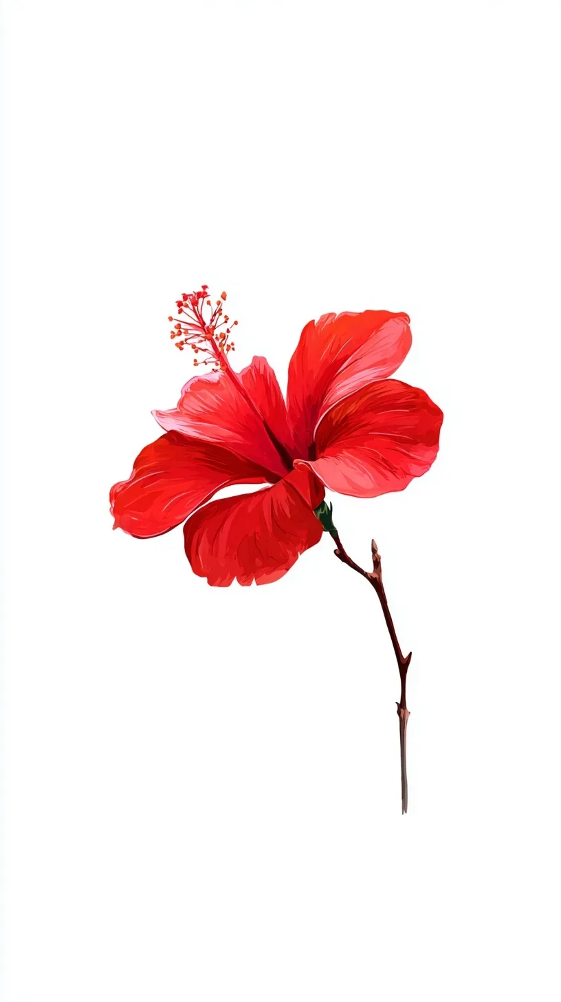 Minimalist digital illustration of a small red hibiscus flower centered on a clean white background.