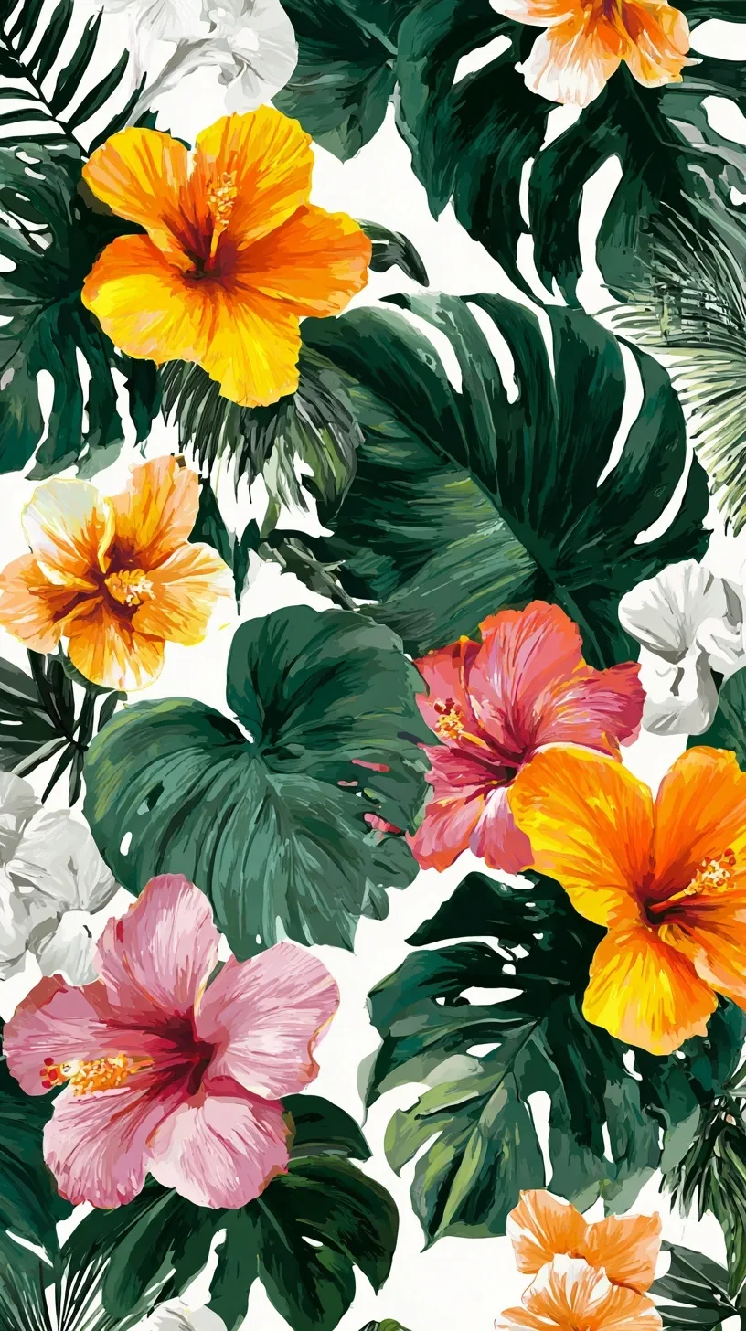 Tropical hibiscus floral pattern with monstera and palm leaves on a clean white background.