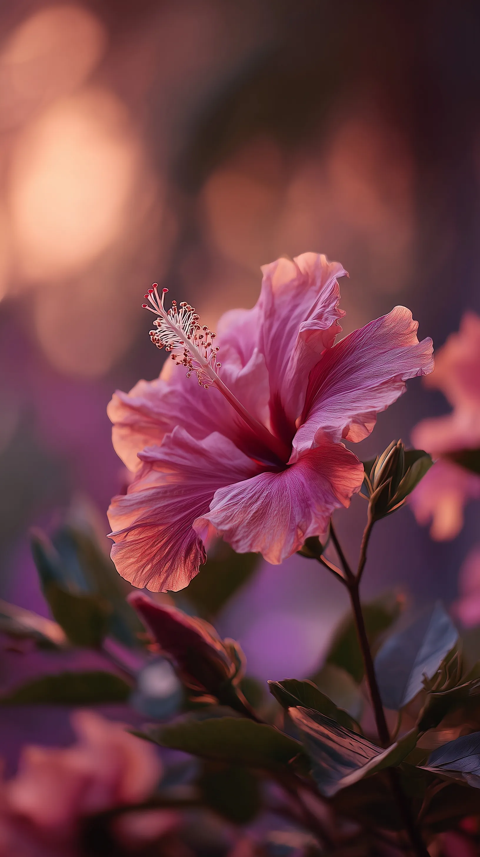 Pink and red hibiscus flower in macro detail with dreamy pastel sunset bokeh background for mobile wallpaper.