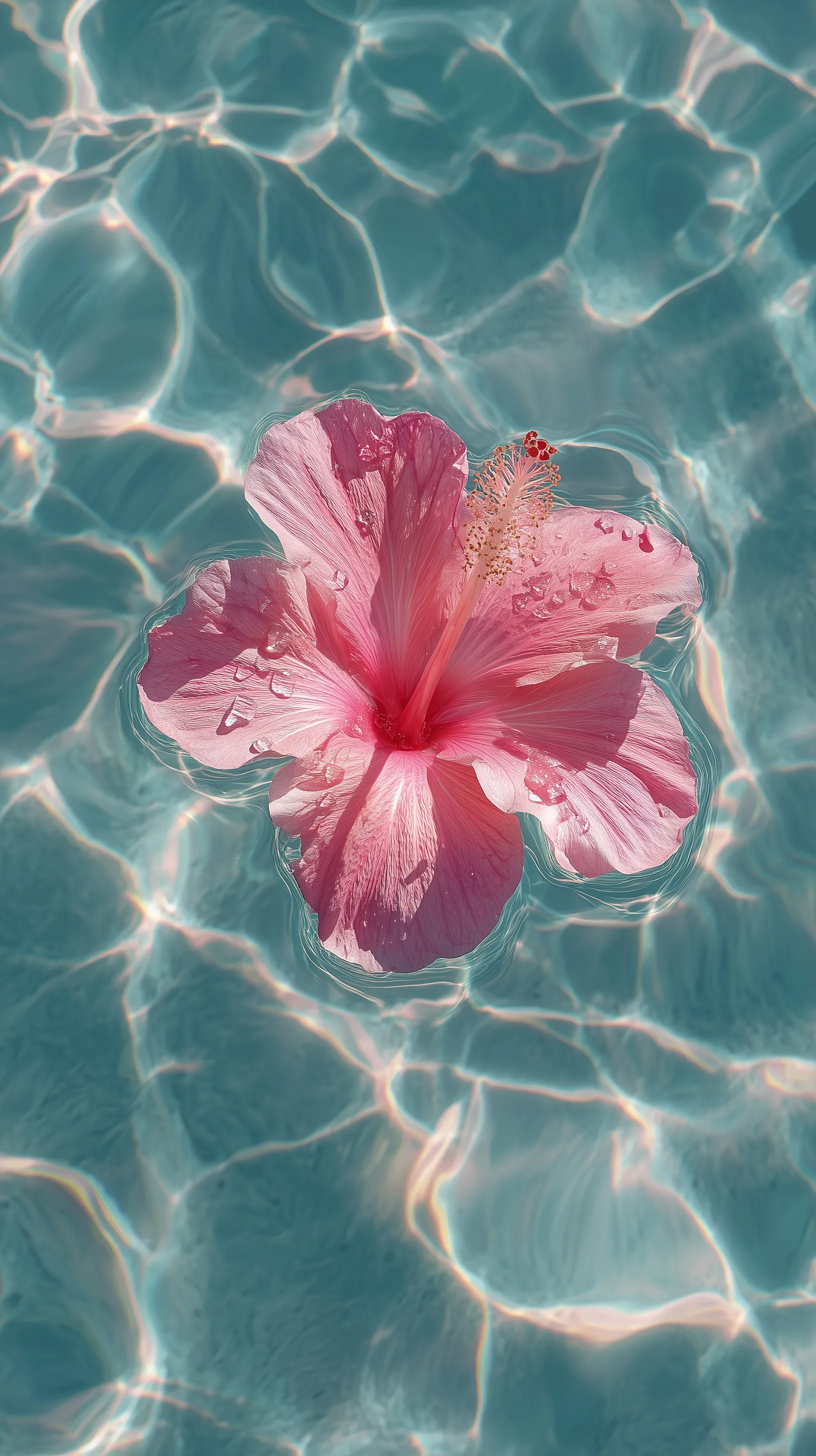A vibrant pink hibiscus flower floating on clear rippling water with sun reflections and delicate droplets.