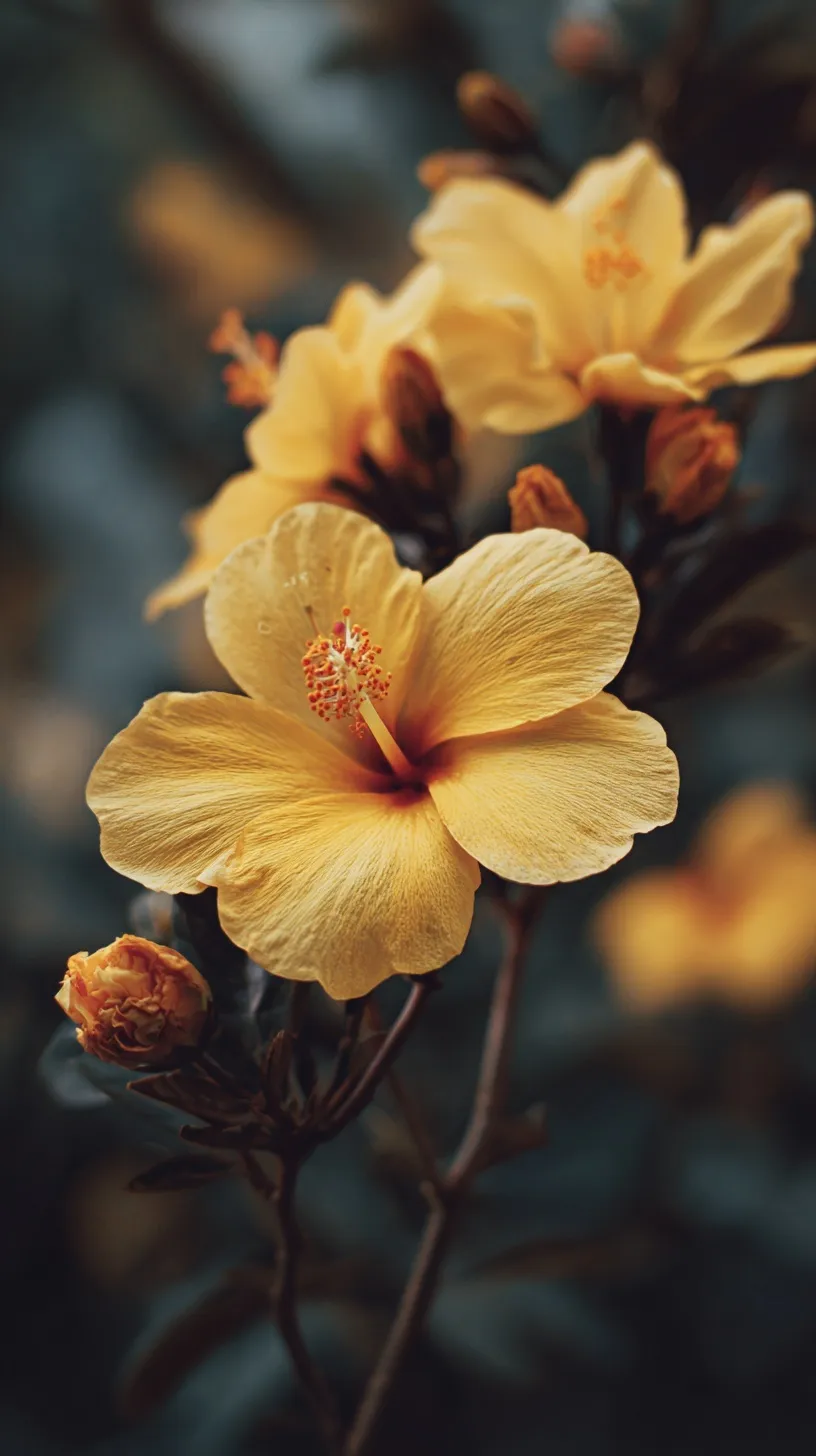 Close-up of a vibrant yellow hibiscus flower with soft, dreamy petals against a blurry cinematic background.