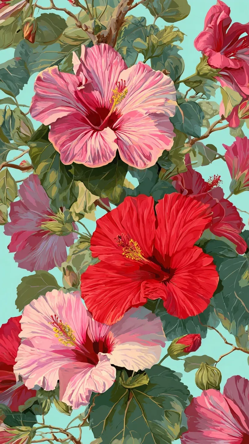Aimee Stewart style botanical illustration of pink and red hibiscus flowers with foliage on a turquoise background.