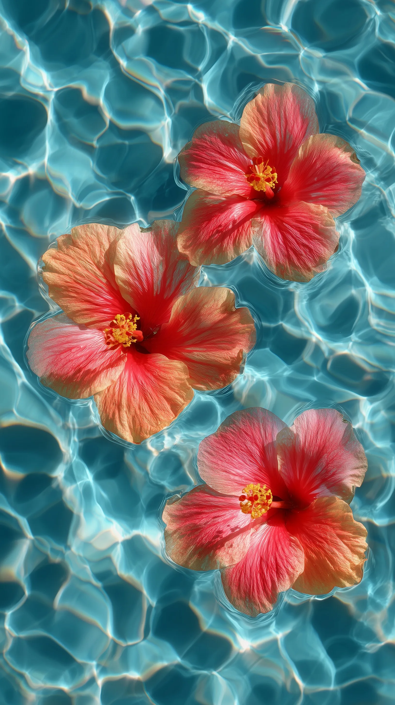 Three vibrant hibiscus flowers floating on shimmering blue pool water with wavy tile patterns.