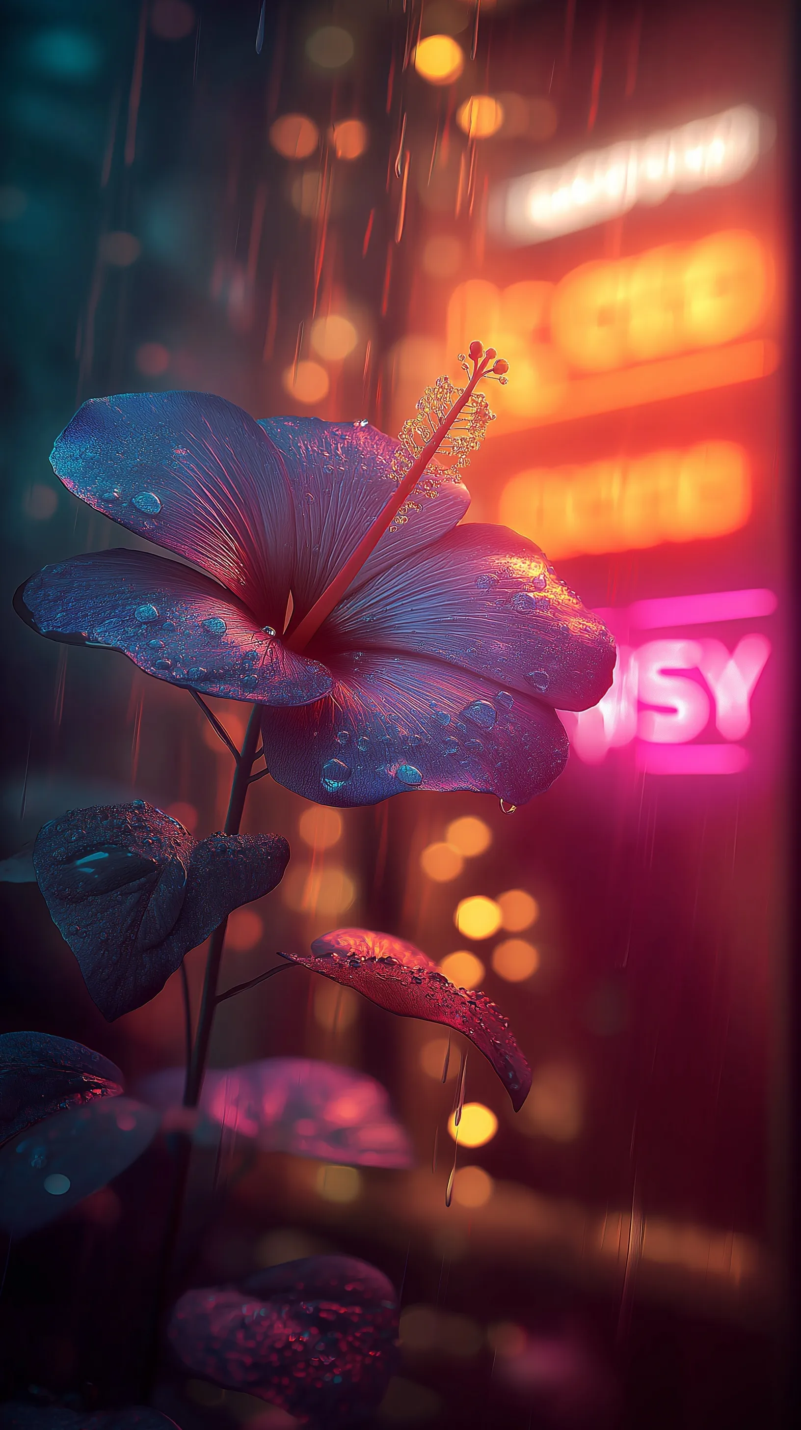 Macro shot of a neon-lit, dew-covered hibiscus flower with cyan and magenta petals for mobile wallpaper.