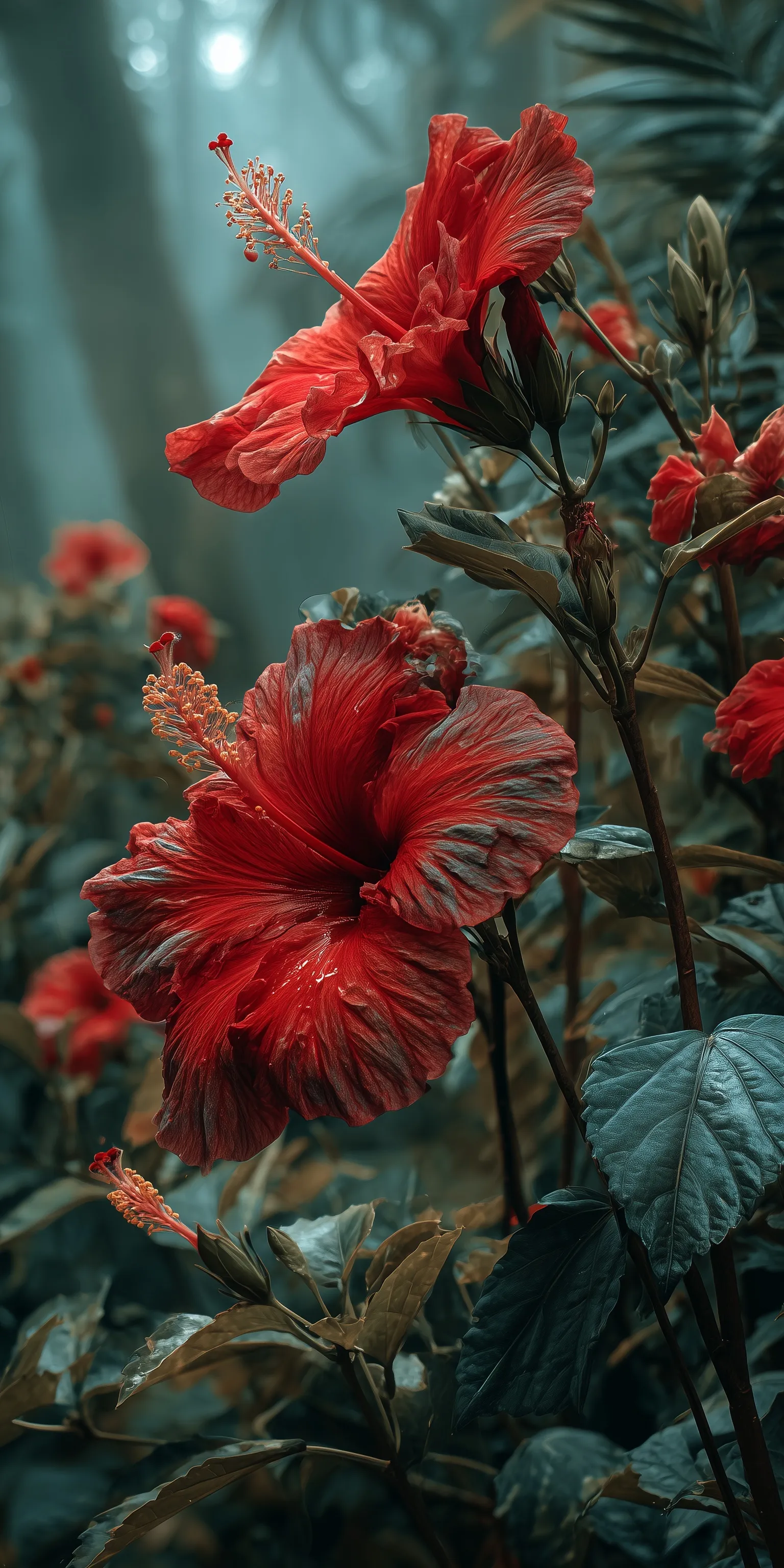A vibrant red hibiscus flower against a dark, moody forest background, perfect for a cinematic mobile wallpaper.