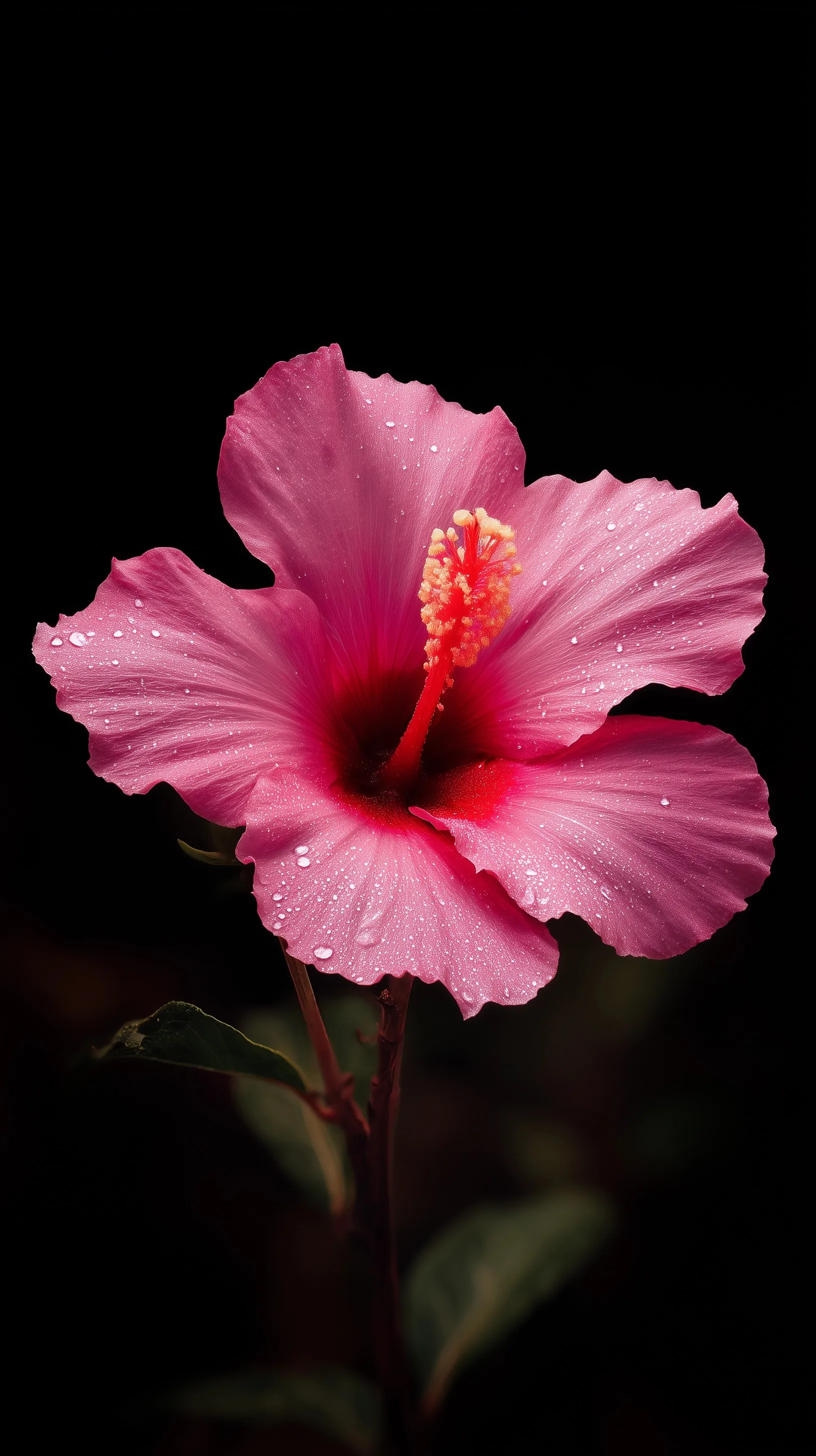 Macro close-up of a Korean pink hibiscus flower with a red center against a dark black background.