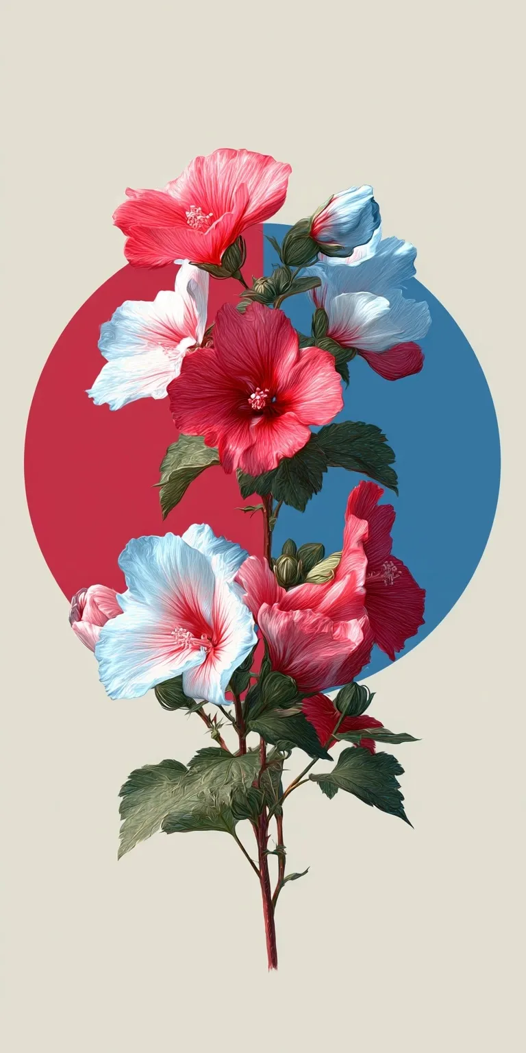 Minimalist Hibiscus Syriacus mobile wallpaper with red and blue circular background, symbolizing Korean national pride.