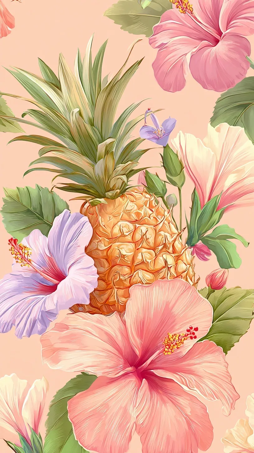 Seamless watercolor pattern with pineapples and hibiscus flowers on a soft peach background for mobile wallpaper.