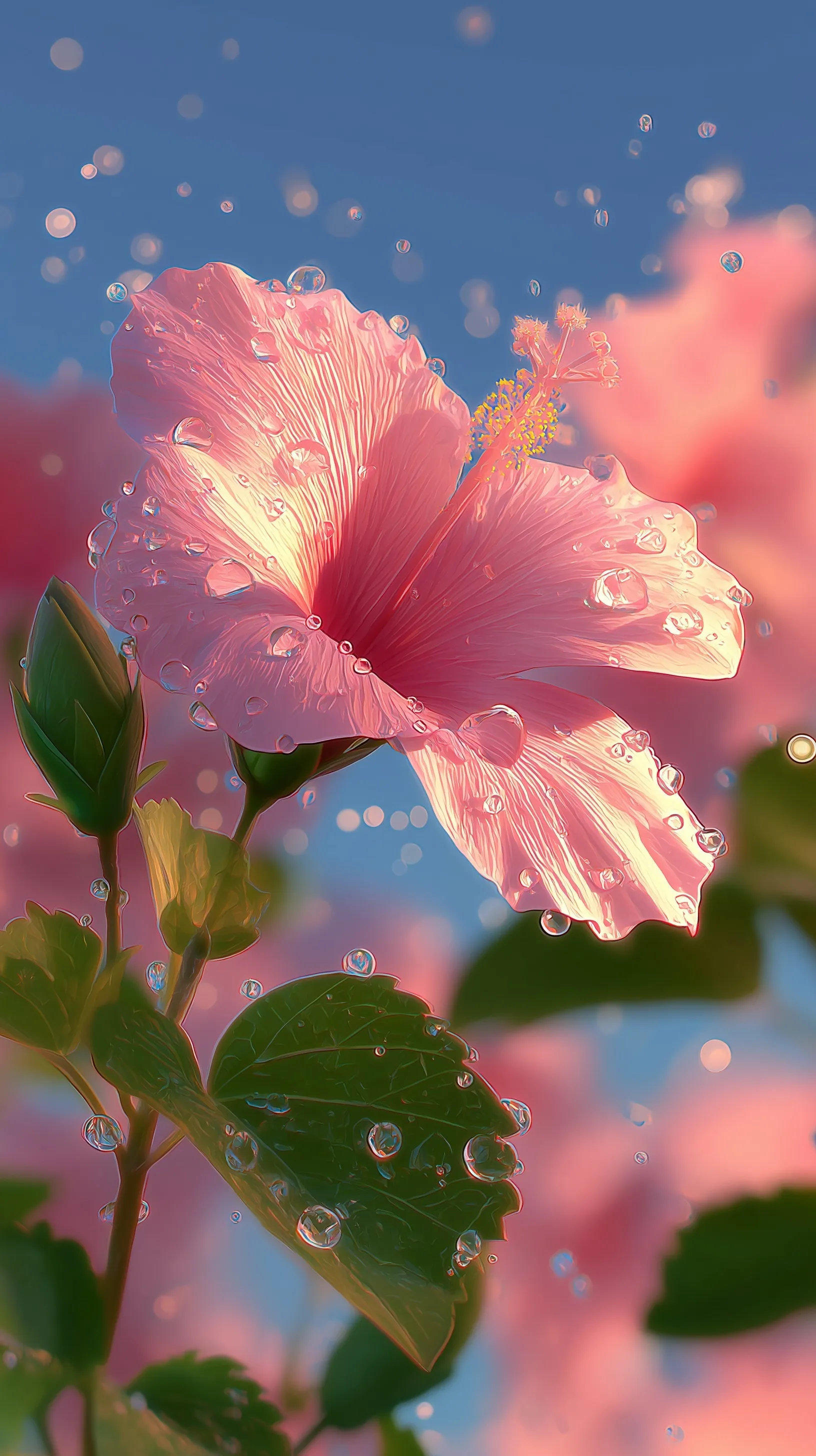 A vibrant digital hibiscus flower with dewdrops and soft bokeh, designed as a clean mobile phone wallpaper.