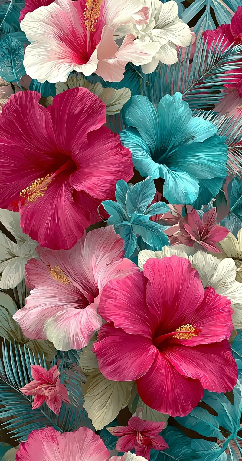 Seamless tropical pattern with pink and turquoise hibiscus flowers and palm leaves on a white background.