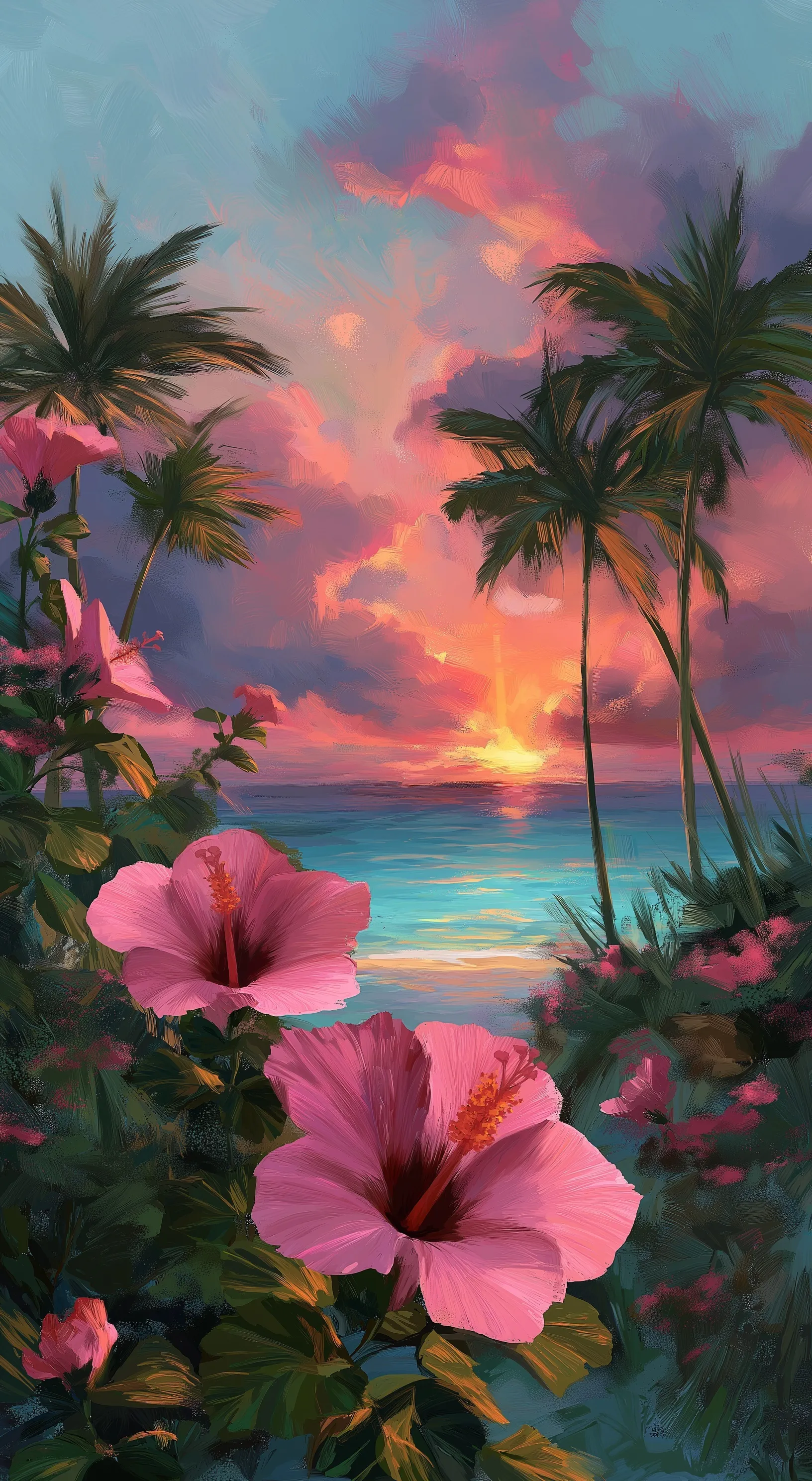 Pink hibiscus flowers in the foreground of a vibrant tropical sunset beach with palm trees and turquoise water.