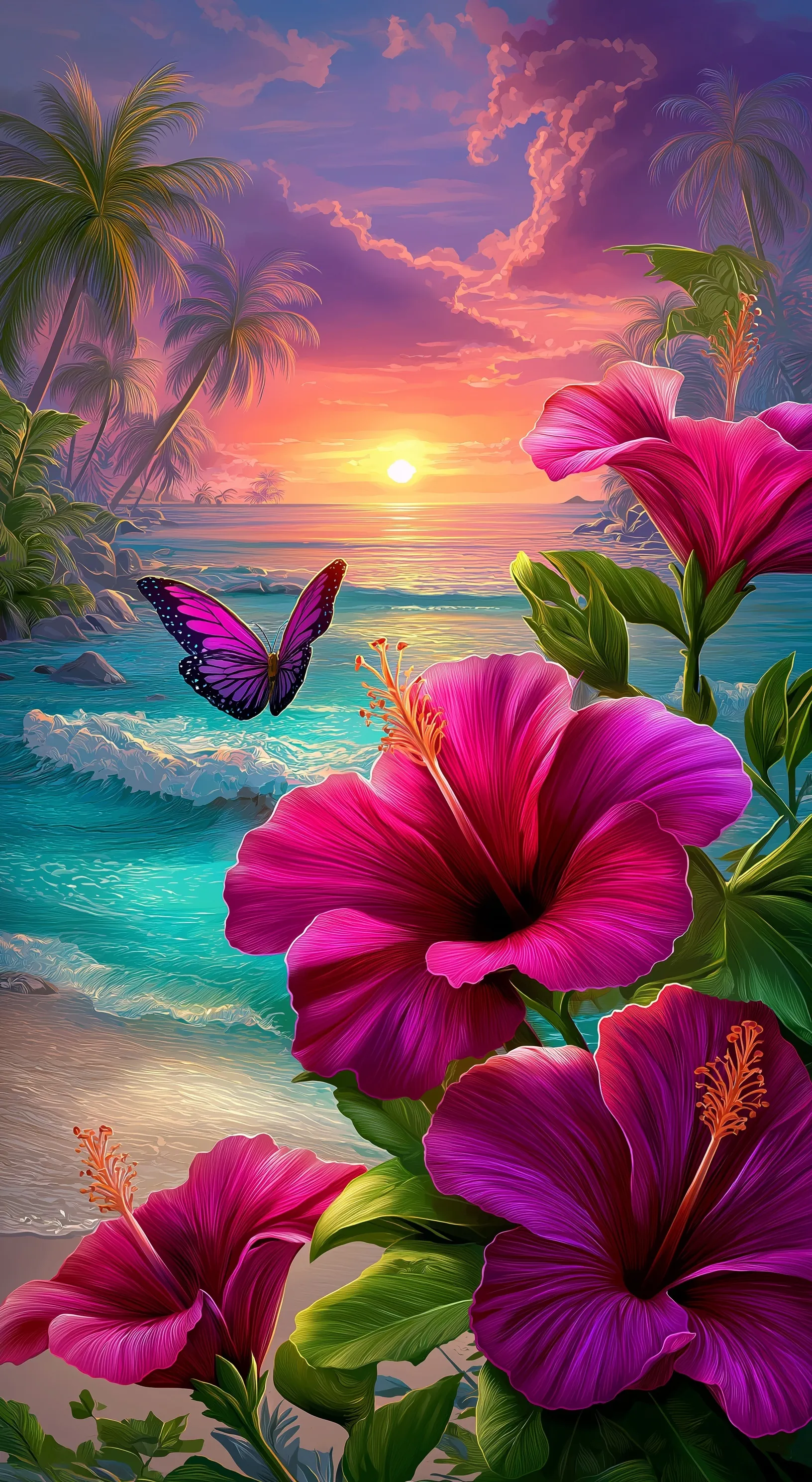 Pink hibiscus flowers against a vibrant sunset tropical beach with palm trees and a fluttering butterfly.