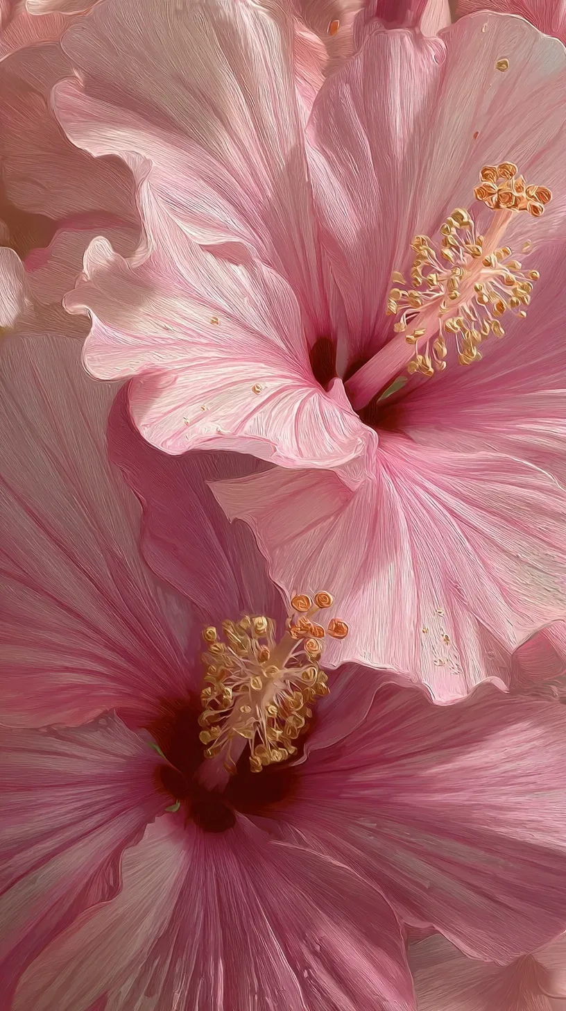 Close-up of two vibrant pink hibiscus flowers in a dreamy, artistic illustration style.