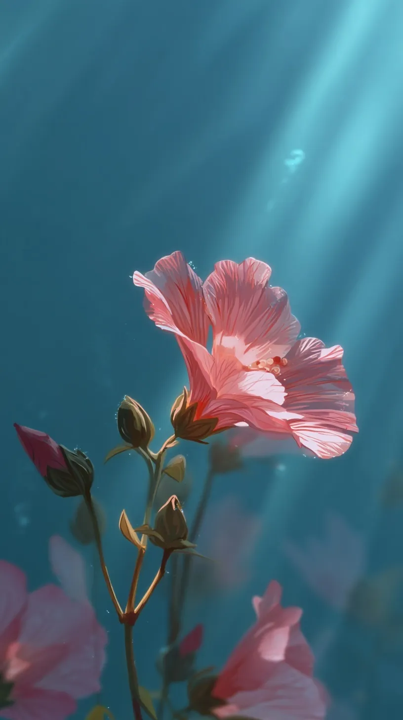 Pink hibiscus flower in oil illustration style with warm sunlight against a blue background for mobile wallpaper.