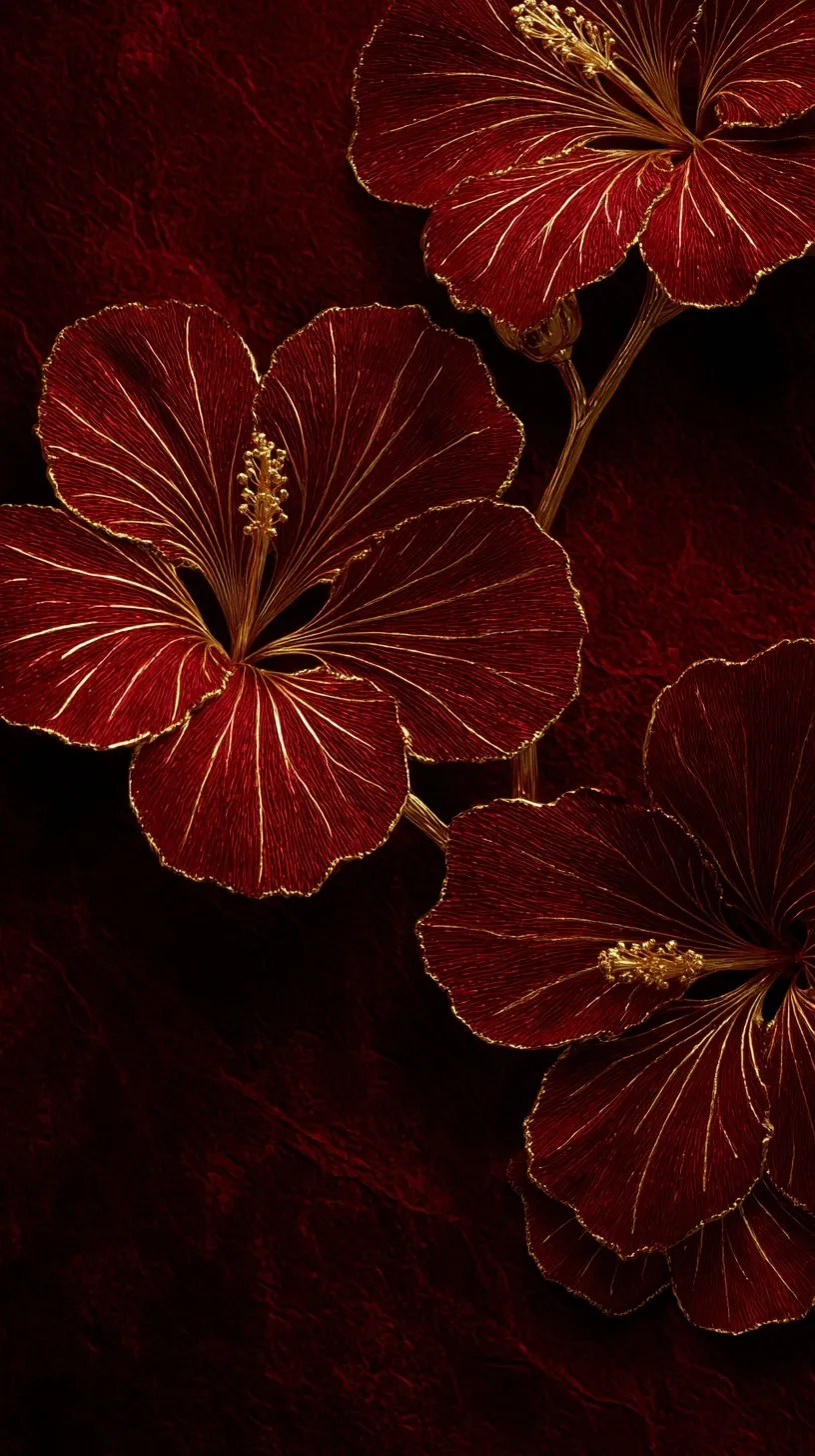 Dark red and gold mobile wallpaper featuring elegant, subtle hibiscus flowers in a minimalist luxury style.