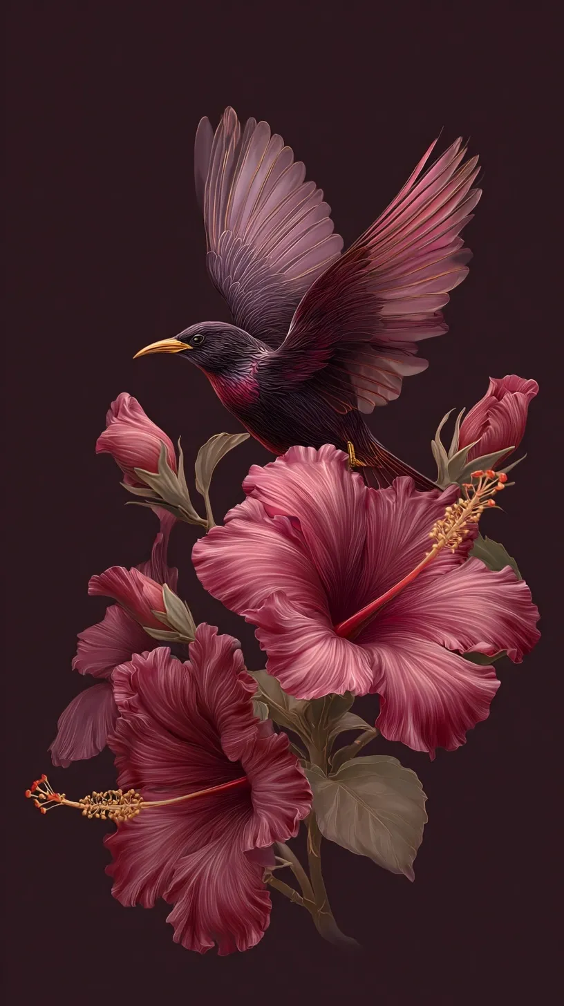 A bird flying toward elegant, high-end hibiscus flowers in a luxurious, professional mobile wallpaper style.