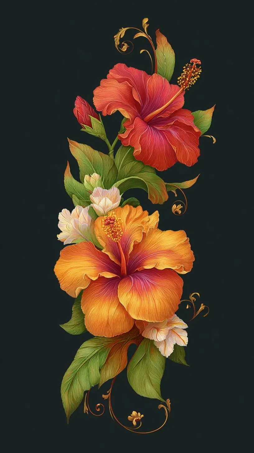 A sleek S-shaped floral hibiscus mobile wallpaper featuring vibrant tropical flower petals on a clean background.