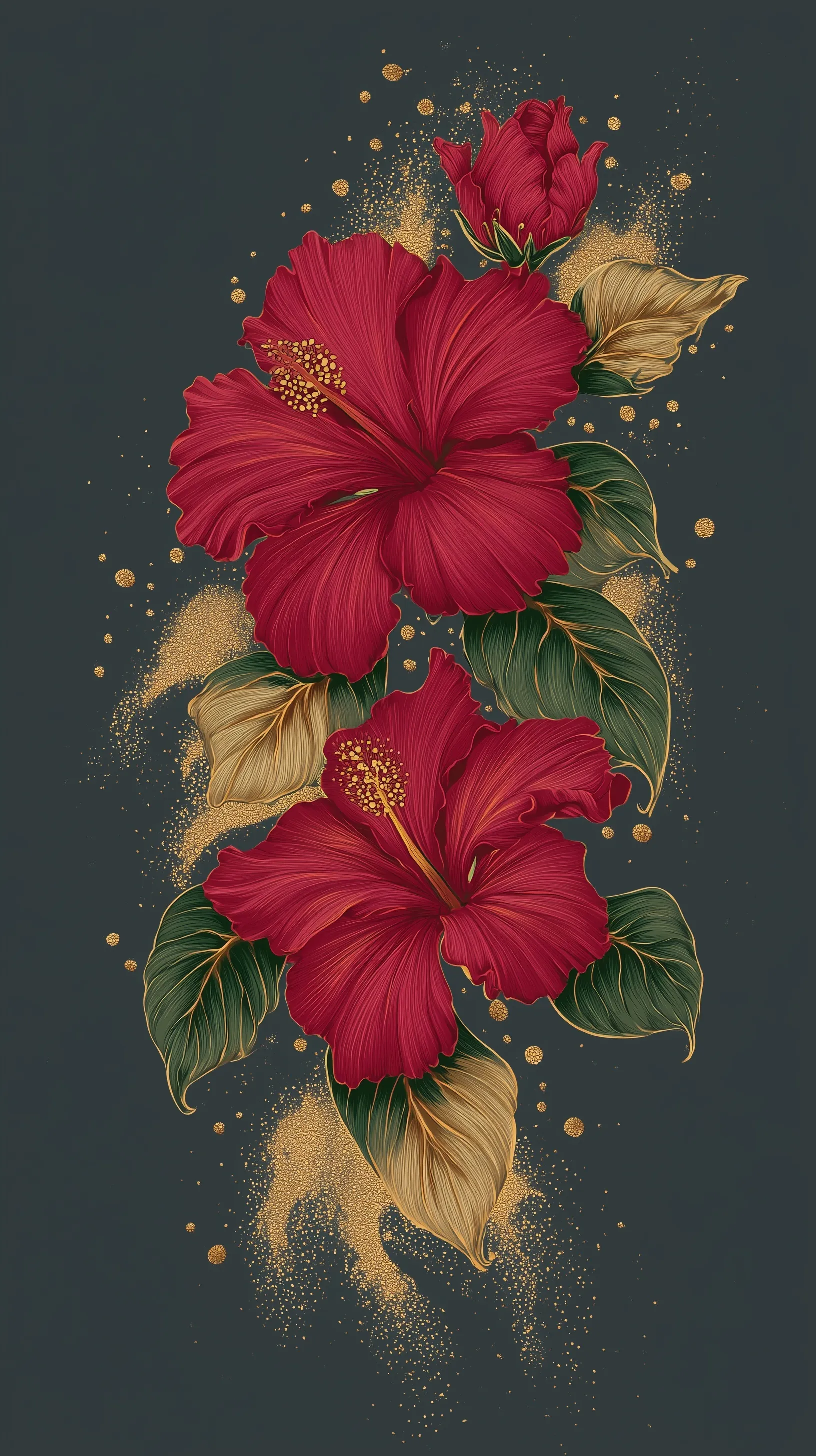 A red hibiscus flower with green leaves and gold yellow sand texture for mobile wallpaper or shirt design.