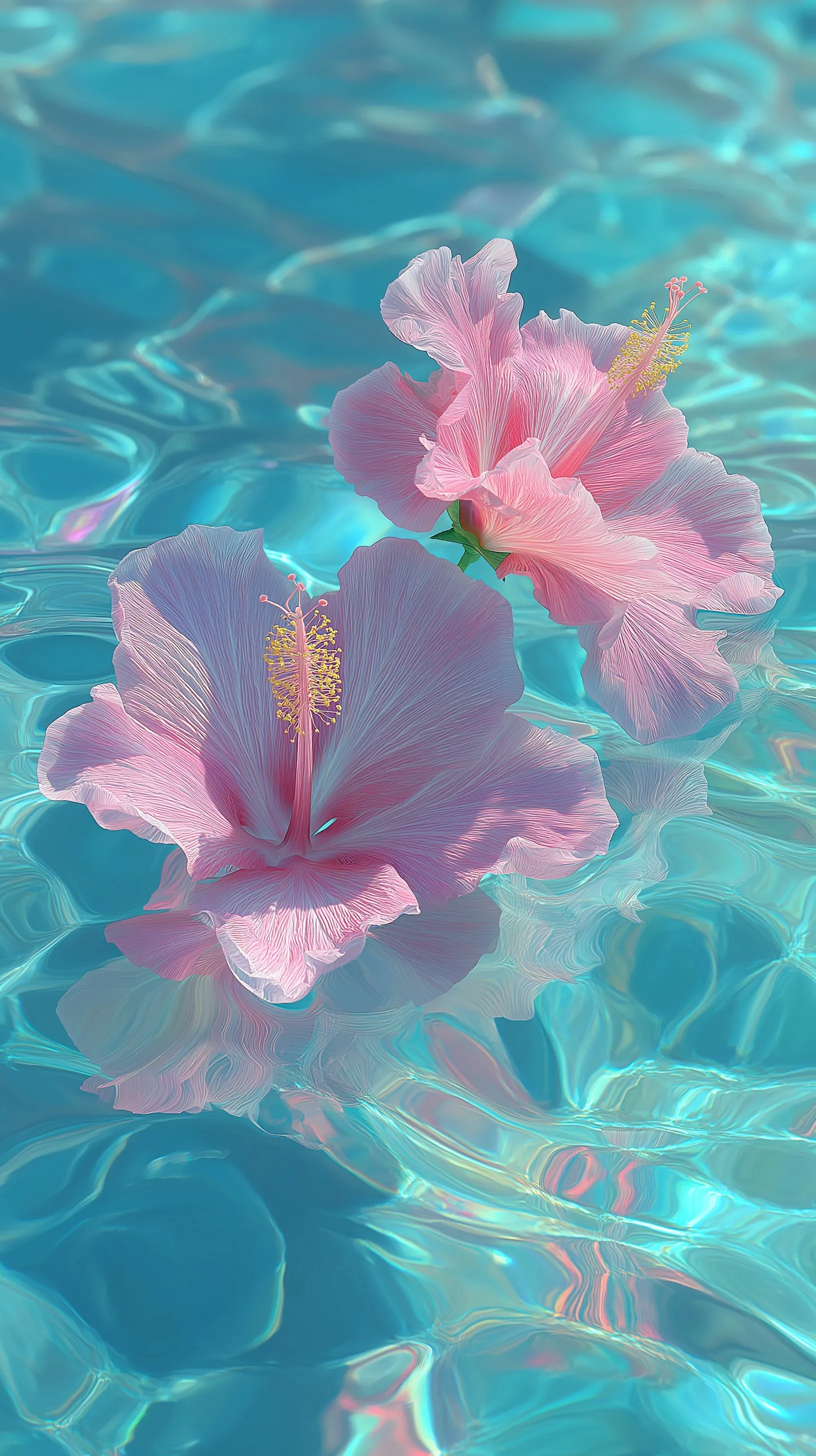 Two translucent pink hibiscus flowers floating on clear turquoise water with shimmering sunlight ripples.