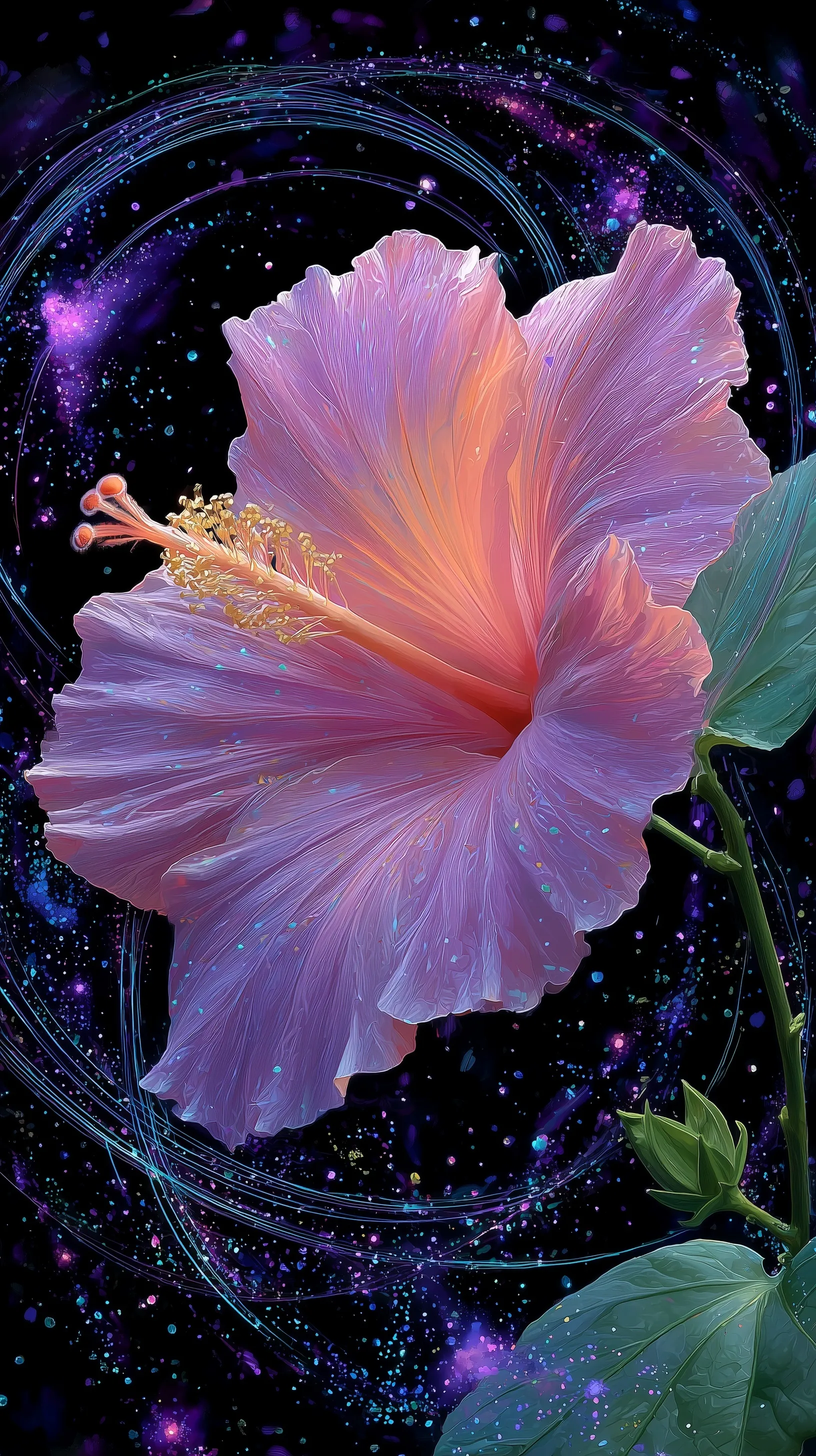 A bi-colored pink and yellow hibiscus flower floating in deep space with neon galaxy swirls and purple stardust.
