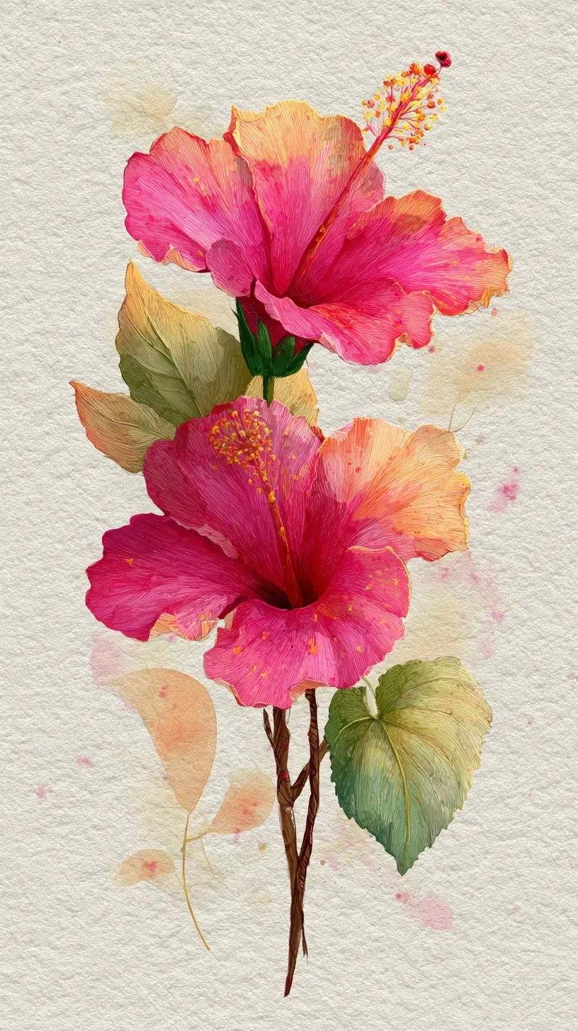 A charming hand-drawn watercolor hibiscus flower illustration on a textured mobile wallpaper background.