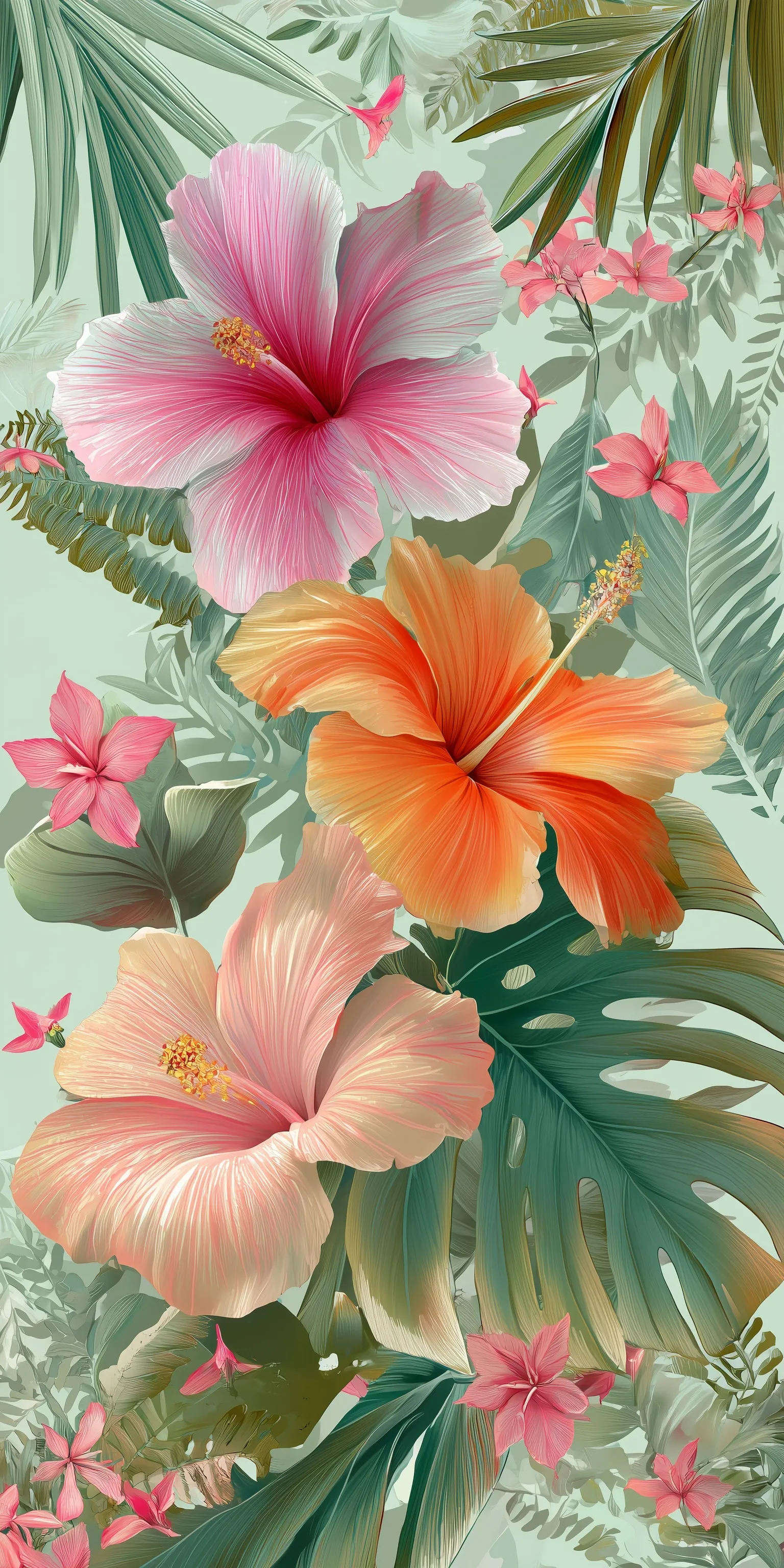 Tropical hibiscus mobile wallpaper featuring vibrant pink, orange, and peach flowers with monstera leaves.