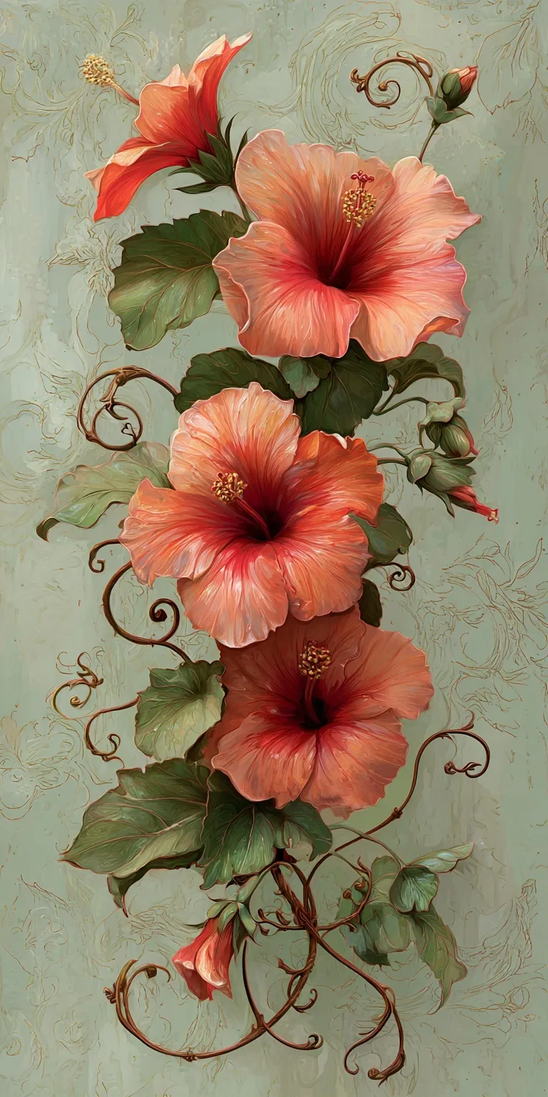 Realistic Art Nouveau illustration of five hibiscus flowers with flowing vine and filigree patterns.