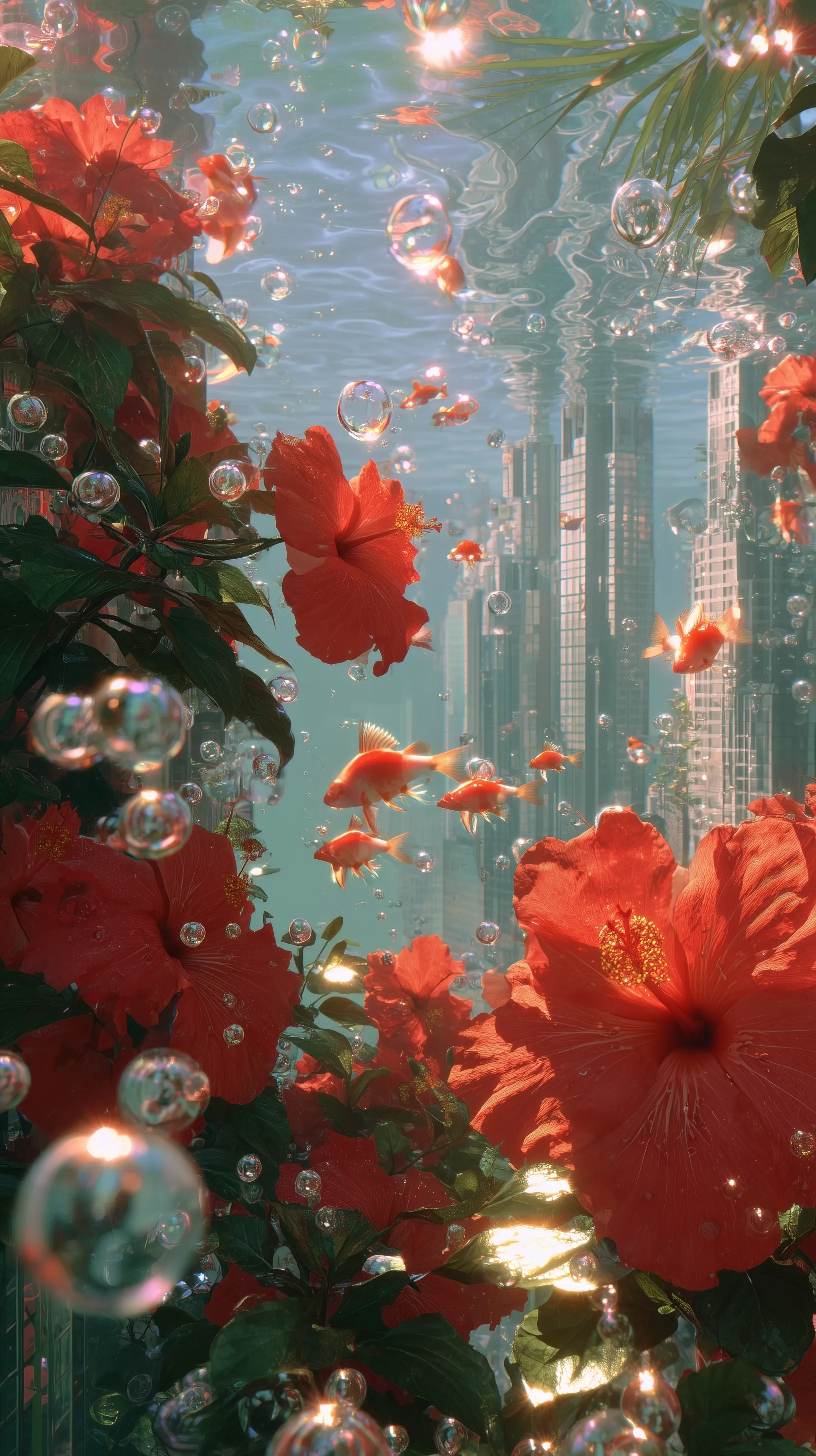 Dreamcore underwater city with red hibiscus flowers, swimming goldfish, and soft sunlight, retro aesthetic.