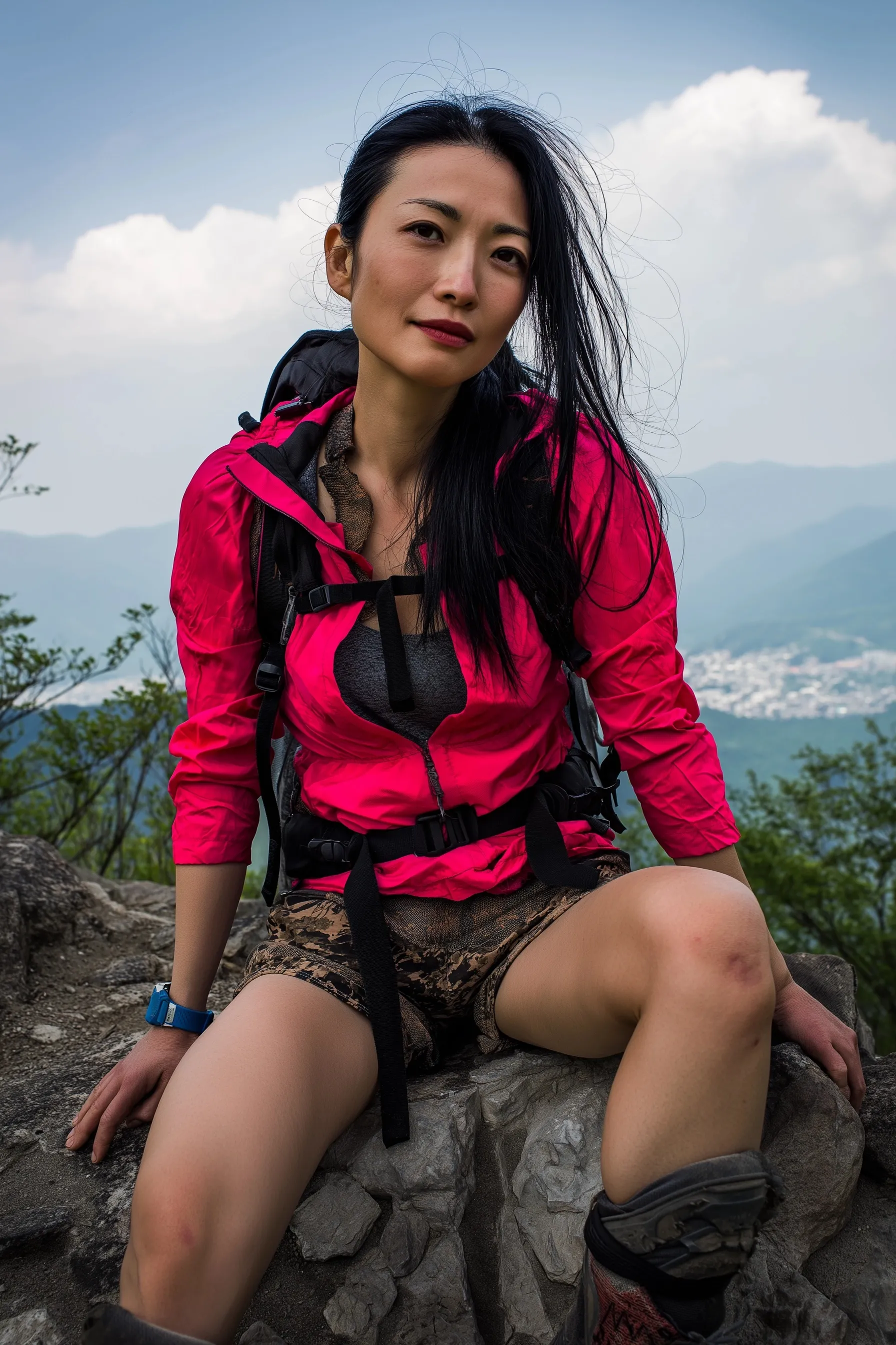 Fit Japanese woman hiking in rugged mountains, candid portrait of a female hiker with sun-streaked hair and rosy cheeks.