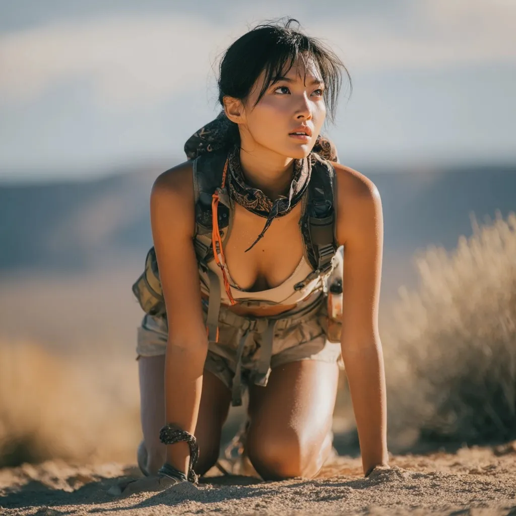 Asian woman hiking in desert looking exhausted and dehydrated, posing for rescue photography inspiration.