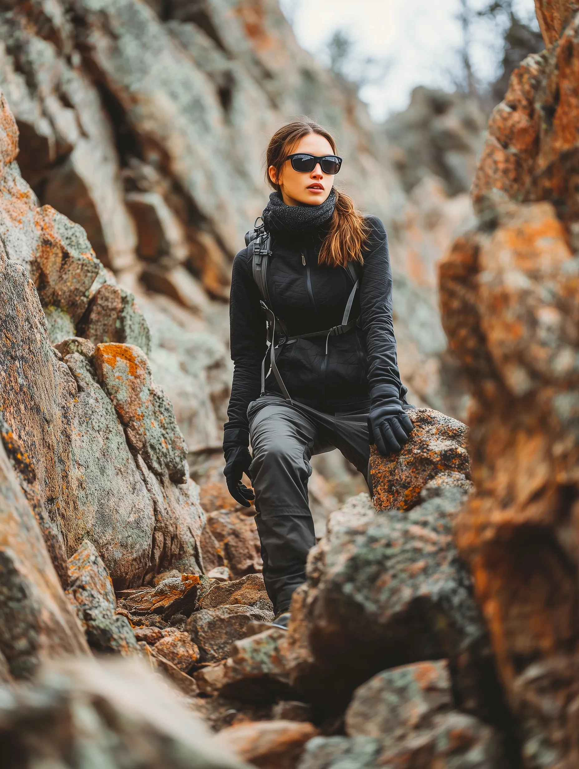 Sporty woman hiking on a rocky mountain trail in winter gear, wearing sunglasses and gloves for adventure inspiration.