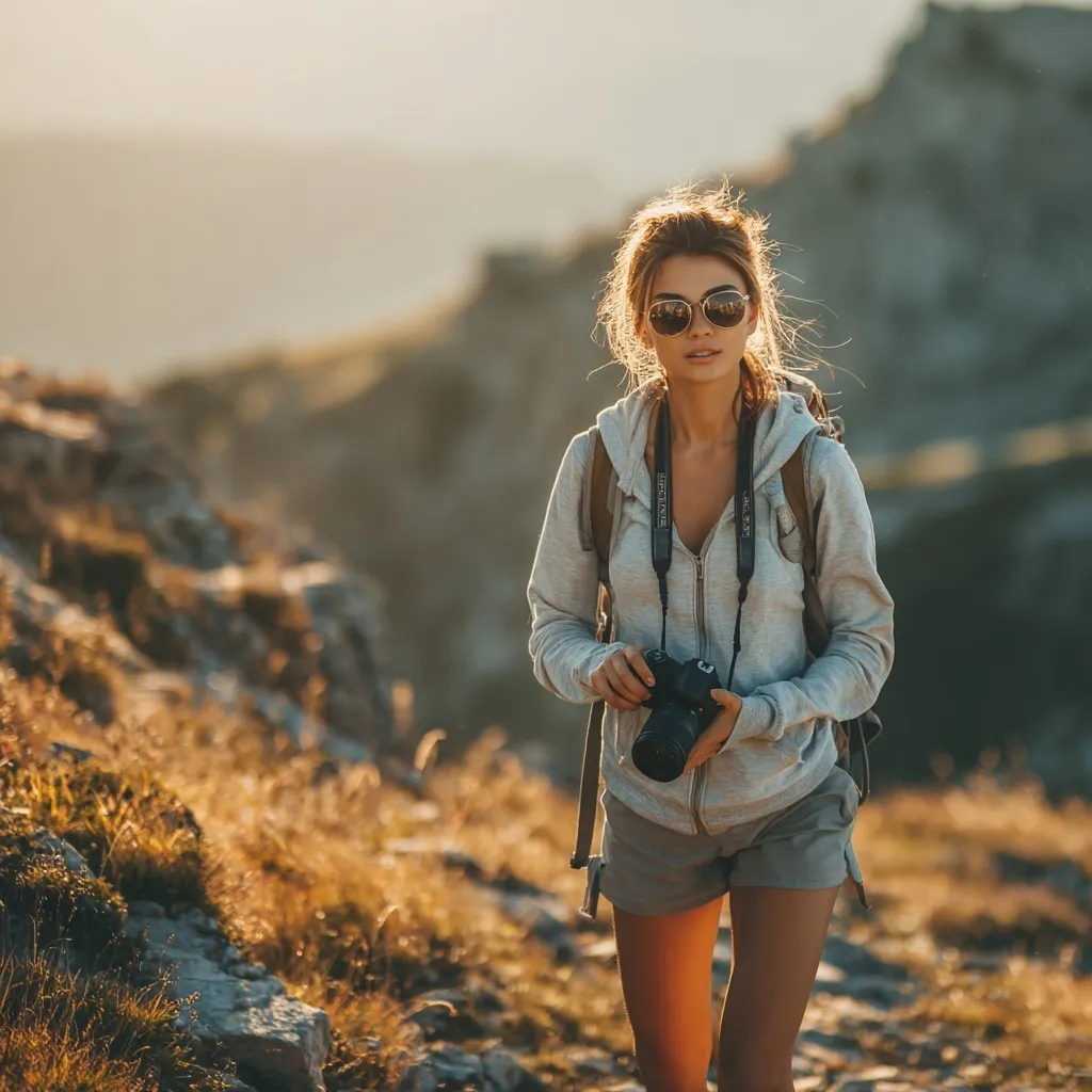 A smiling female photographer in summer sportswear hiking a mountain trail while holding a professional DSLR camera.