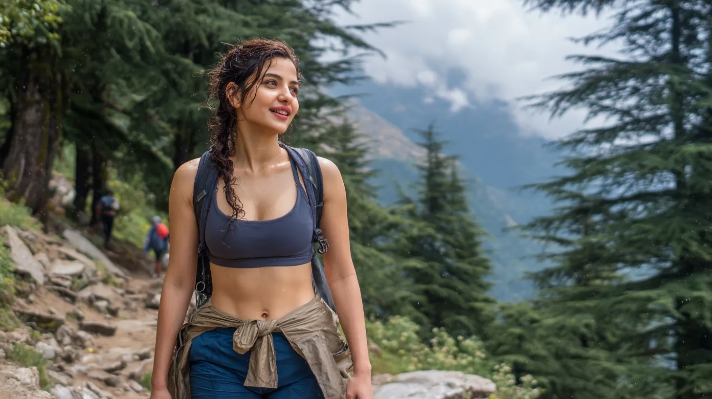 Fit Indian woman hiking on a misty mountain trail, wearing trekking gear with a backpack and pole.